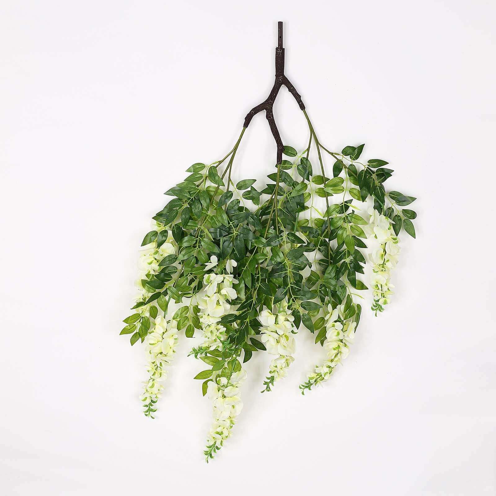 55" Cream Artificial Silk Hanging Wisteria Vine Flower Chandelier, Round Draping Garland Canopy With Interchangeable Branches