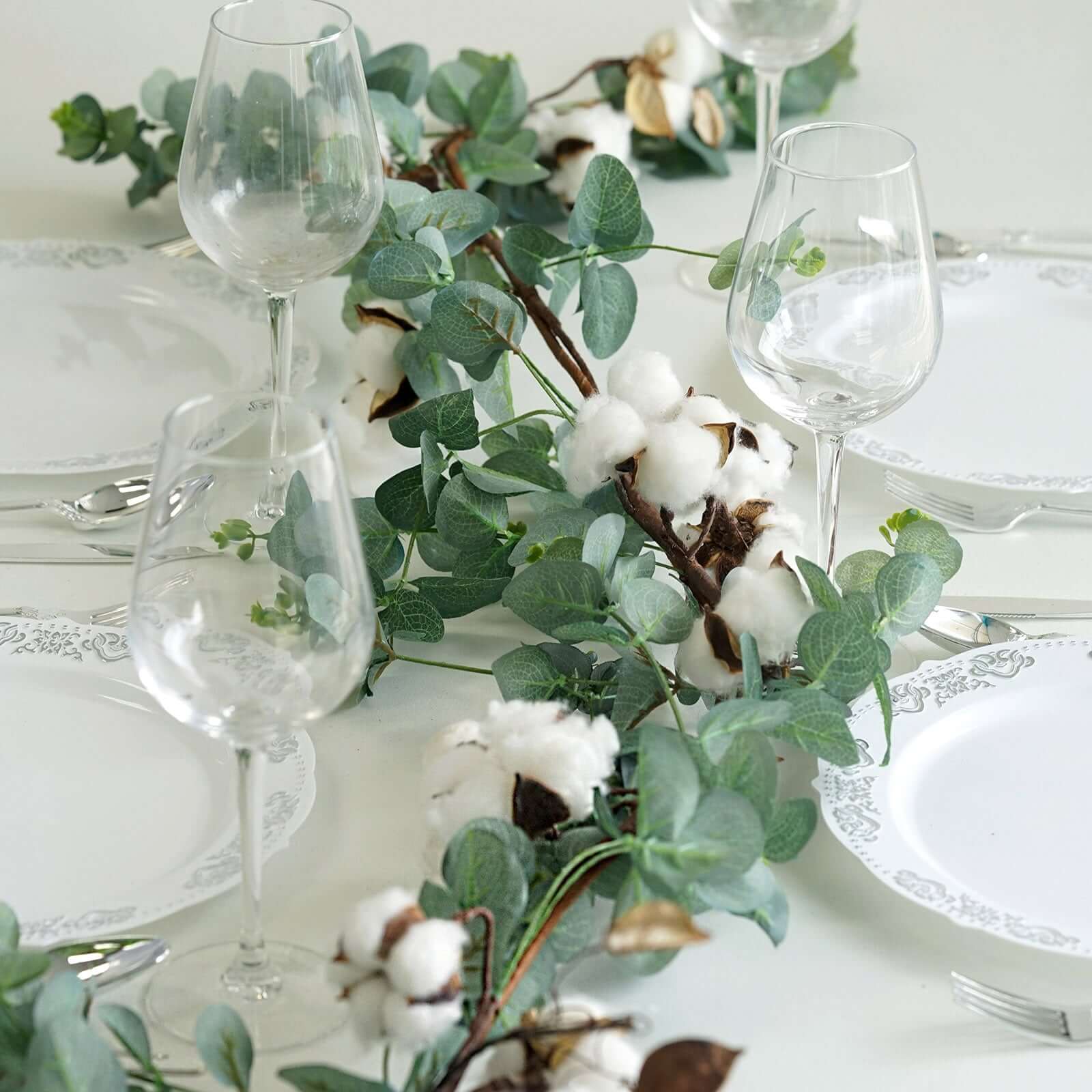 5ft Green Artificial Eucalyptus Leaf, White Cotton Ball Garland Vine