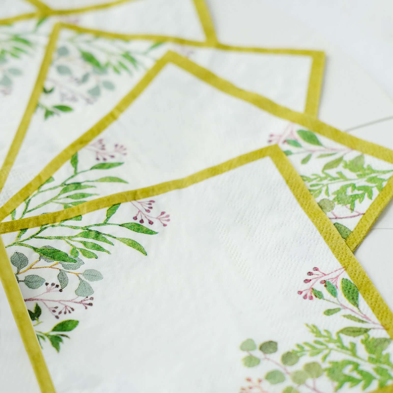 24-Pack Paper Dinner Napkins with Eucalyptus Design White Tropical Greenery 2 Ply - Soft 18GSM Wedding Cocktail Napkins 5"