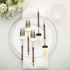 24-Pack Plastic Forks with Roman Column Handle Gold/Brown - European Style Disposable Utensils 8"