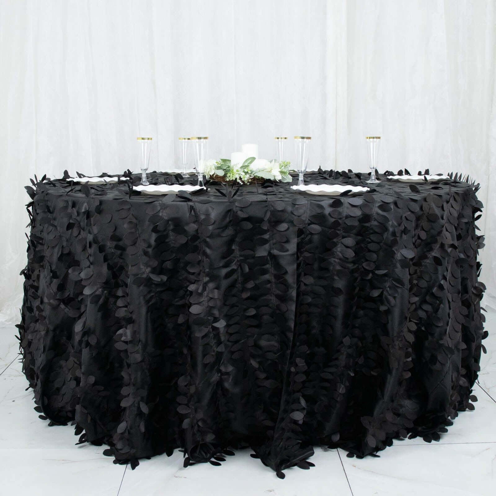 Taffeta 132" Round Tablecloth Black 3D | 3D Leaf Petal Design Seamless Table Cover