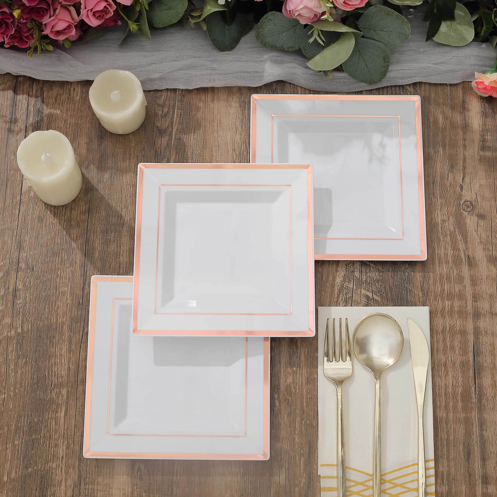 10-Pack Plastic Salad Dessert Plates White Square with Rose Gold Trim - Durable Disposable Appetizer Plates 7"