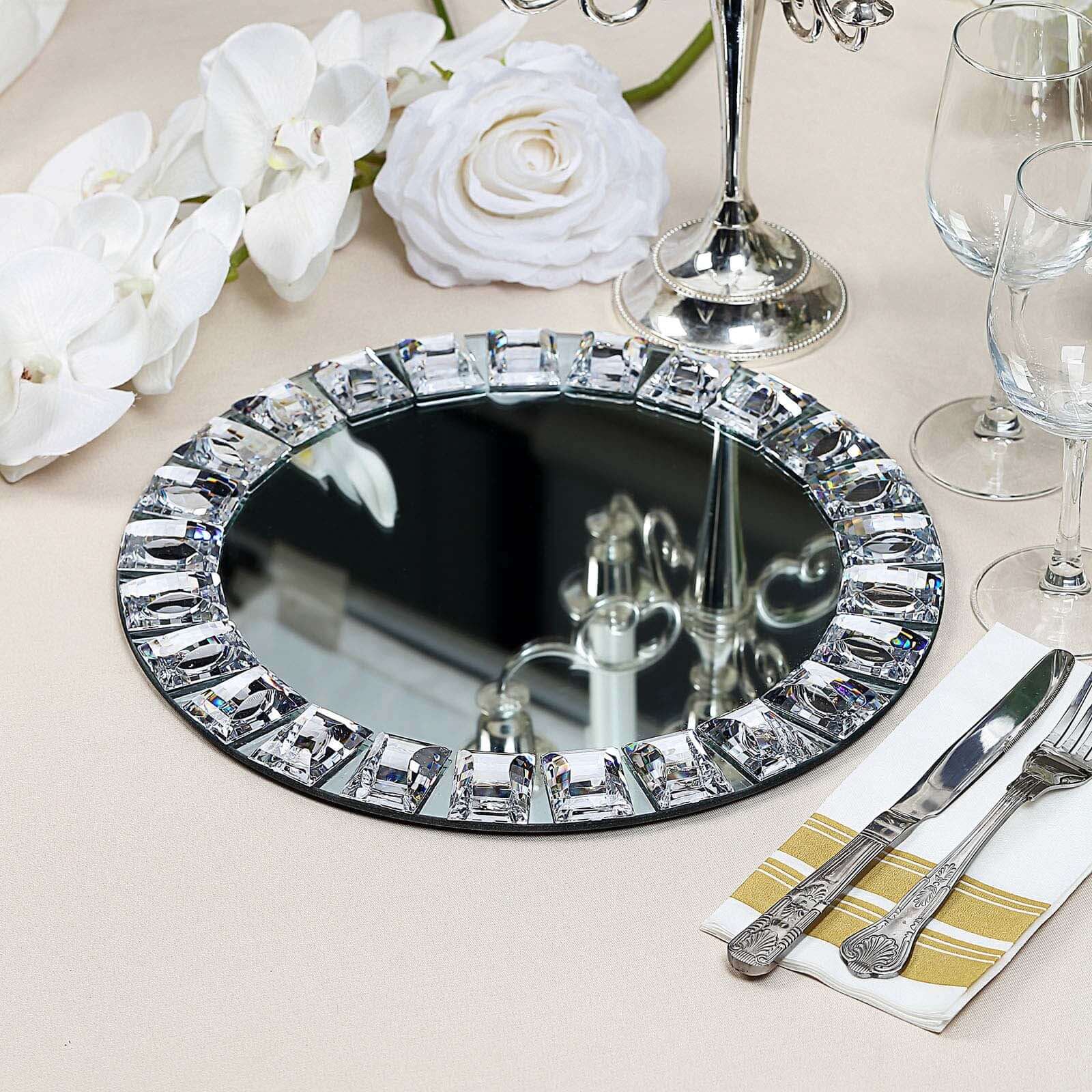 2-Pack Glass Mirror Round Charger Plates 13" in Silver with Jeweled Rim - Premium Decorative Dinner Party Charger Tableware