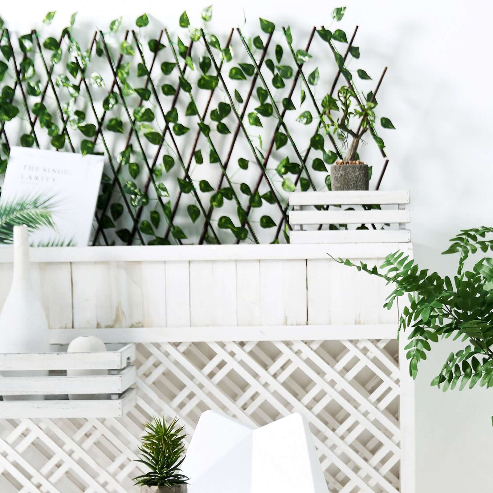 17"x95" Expandable Wooden Lattice Fence With Artificial Ivy Leaf Trellis Vines, Accordion Backdrop Fencing
