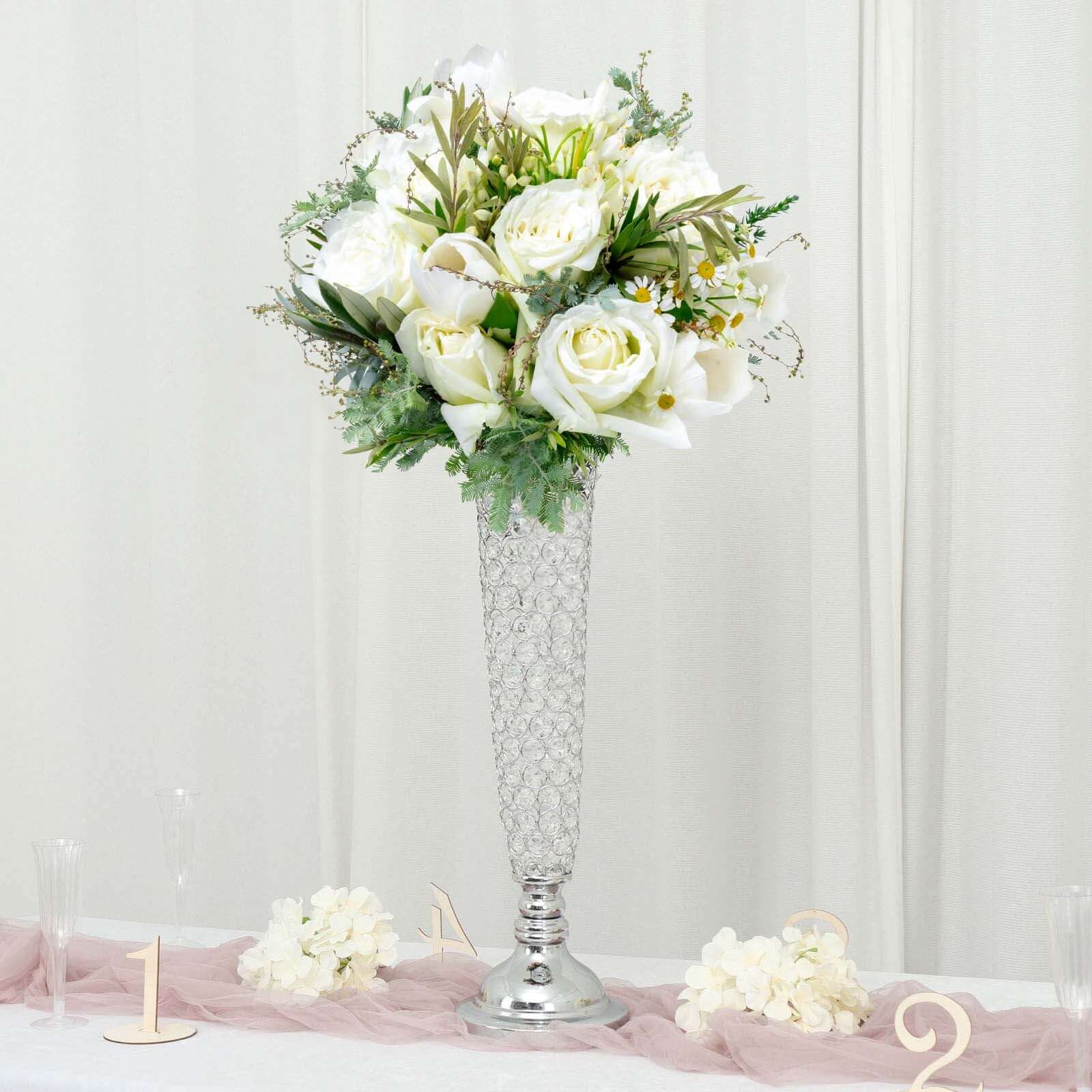 3-Pack Crystal Beaded Trumpet Vase Silver - Exquisite Floral Display Centerpiece Stand Set for Banquets & Receptions 28" Tall