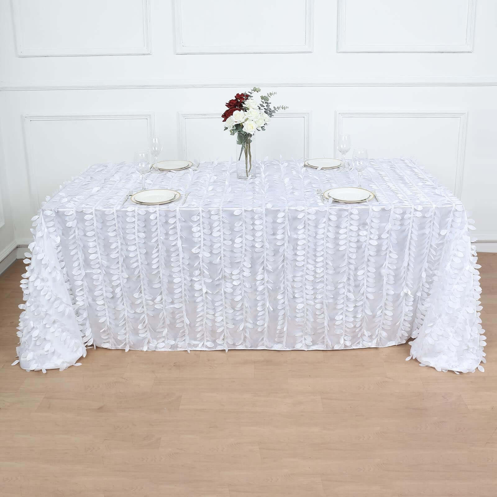 Taffeta 90"x132" Rectangle Tablecloth White | 3D Leaf Petal Design Seamless Table Cover for Stylish Wedding & Event Decor