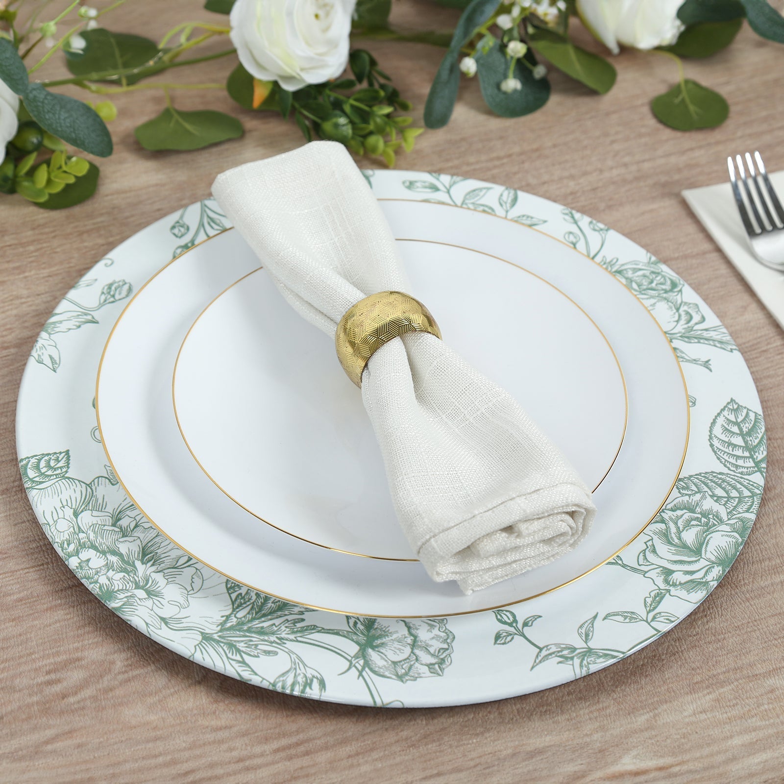6 Pack Round Floral Acrylic Charger Plates in French Toile Pattern, 13" White Sage Green Dinner Charger Event Tabletop Decor