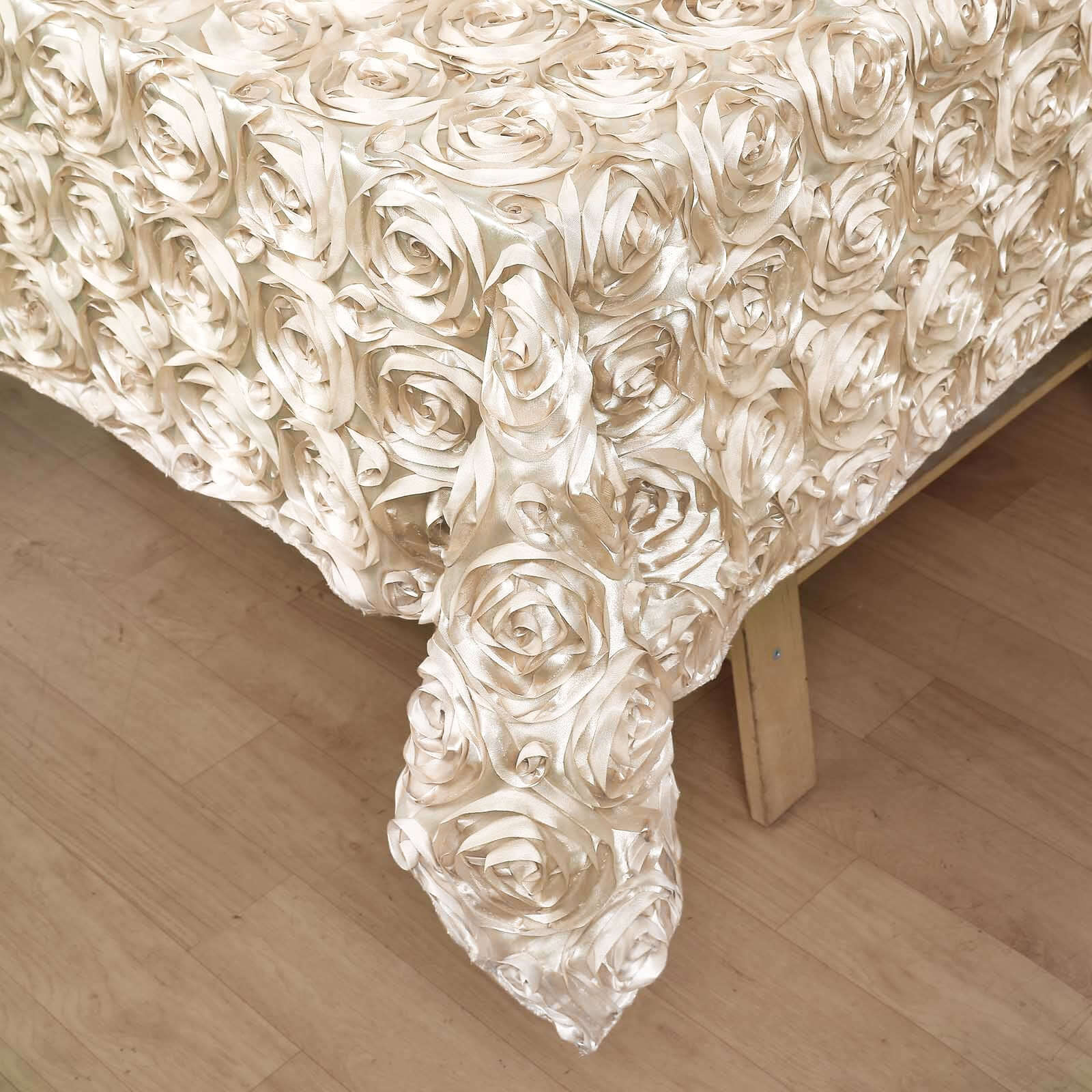Satin 72"x72" Table Overlay Square Tablecloth Beige - 3D Rosette Table Cover