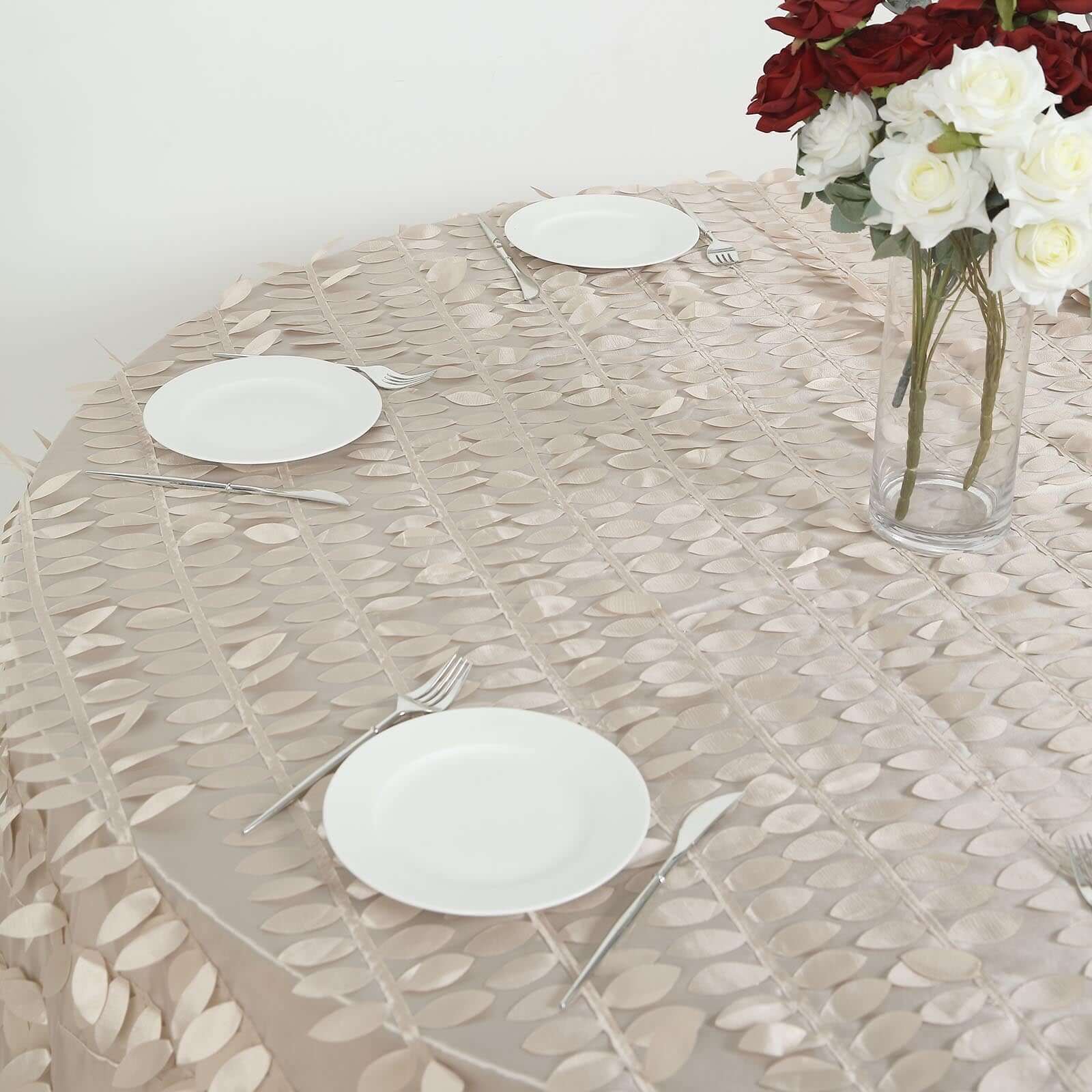 Taffeta 120" Round Tablecloth Beige 3D | 3D Leaf Petal Design Seamless Table Cover for Chic Wedding & Event Decor