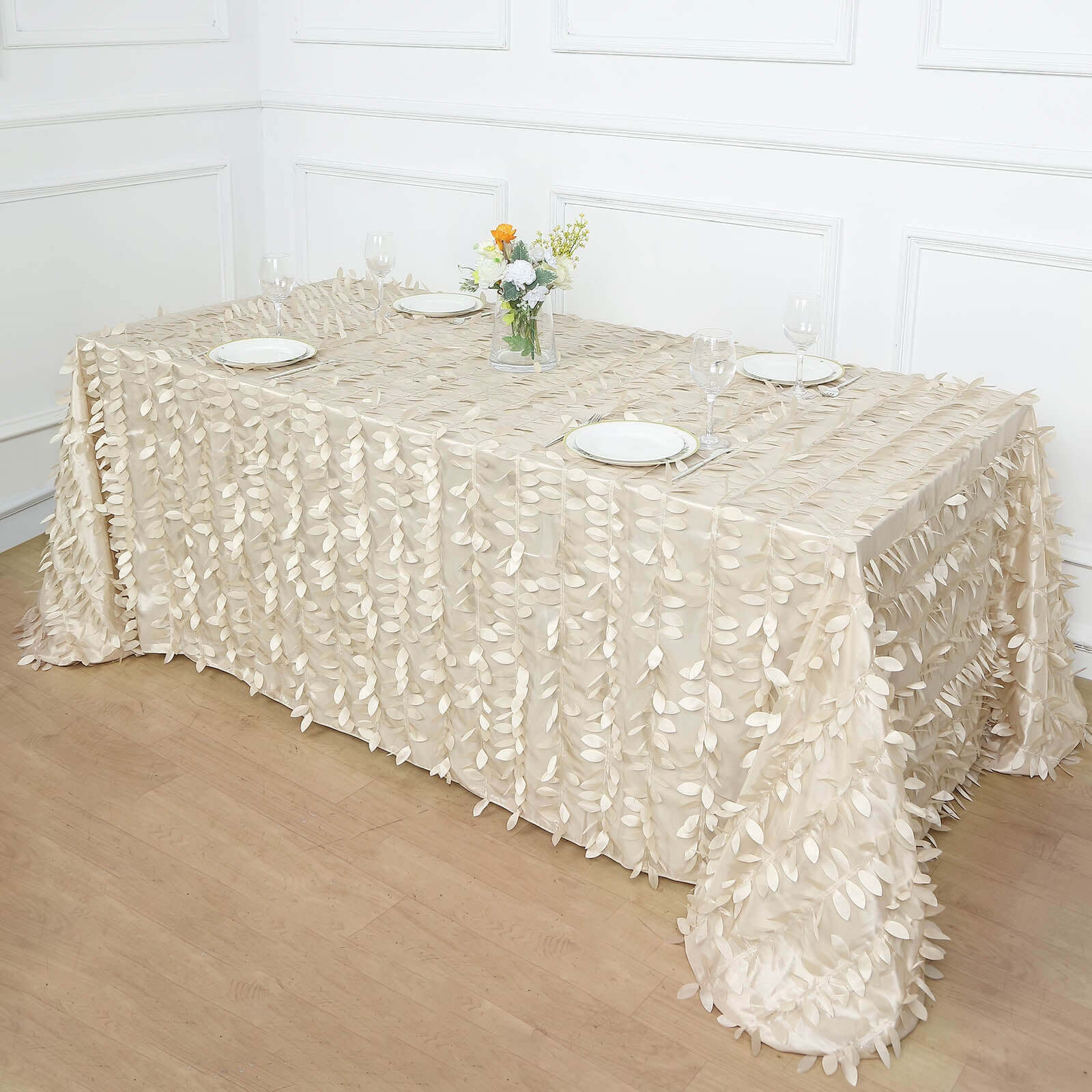Taffeta 90"x156" Rectangle Tablecloth Beige | 3D Leaf Petal Design Seamless Table Cover