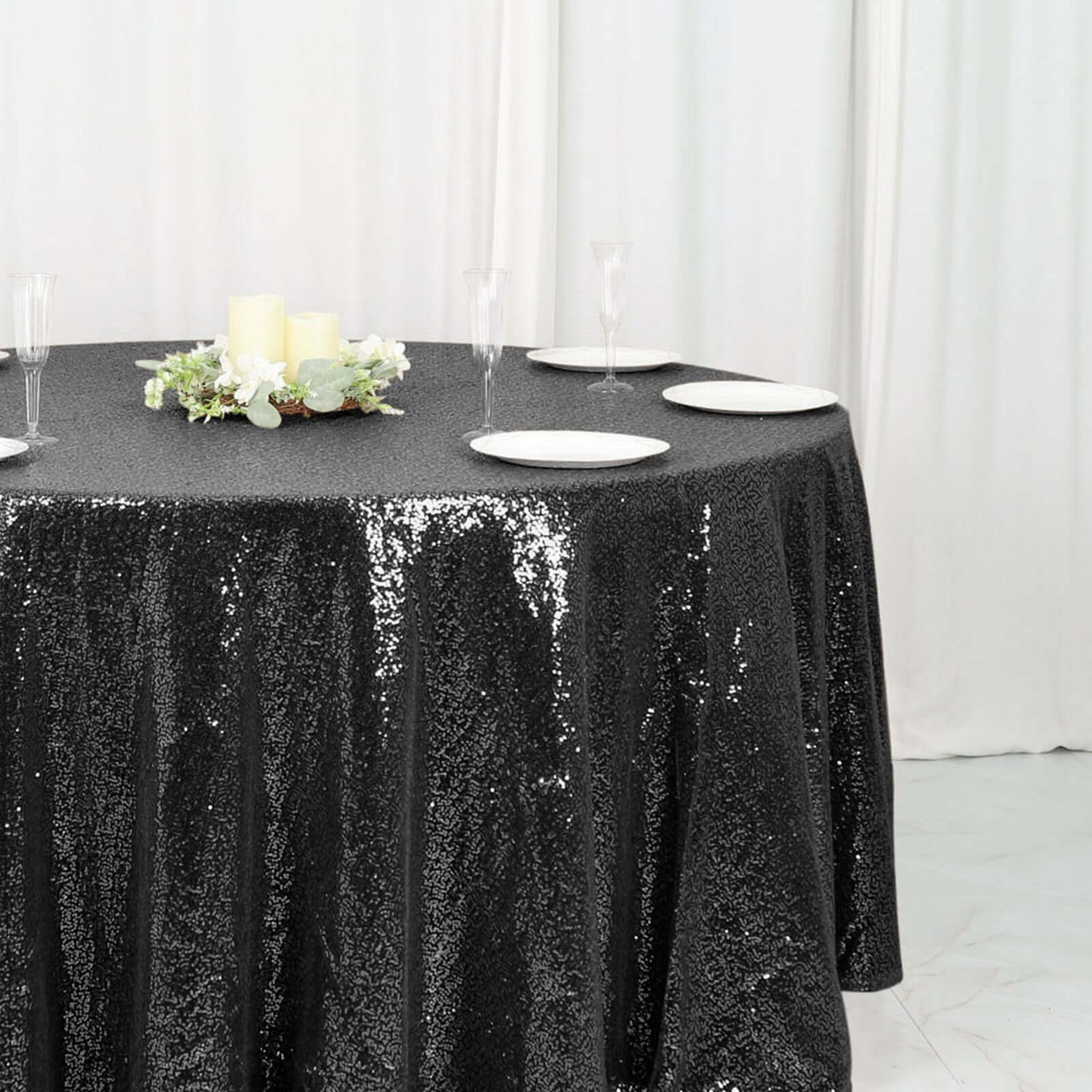 Sequin 120" Round Tablecloth Black - Seamless Glittering Table Cover