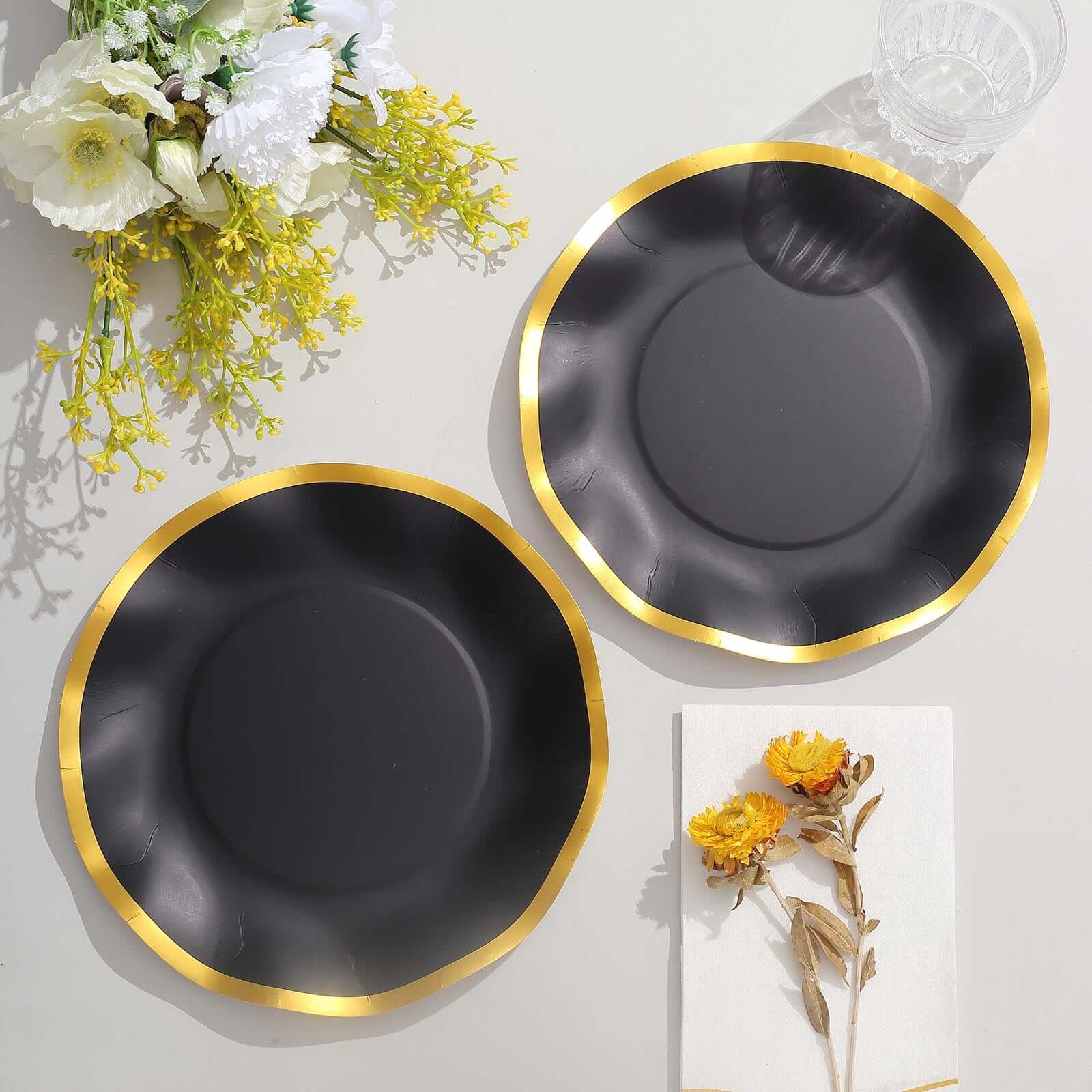 25-Pack Paper Round Dessert Plates 8" Matte Black with Gold Wavy Rim - Disposable 350GSM Salad Plates