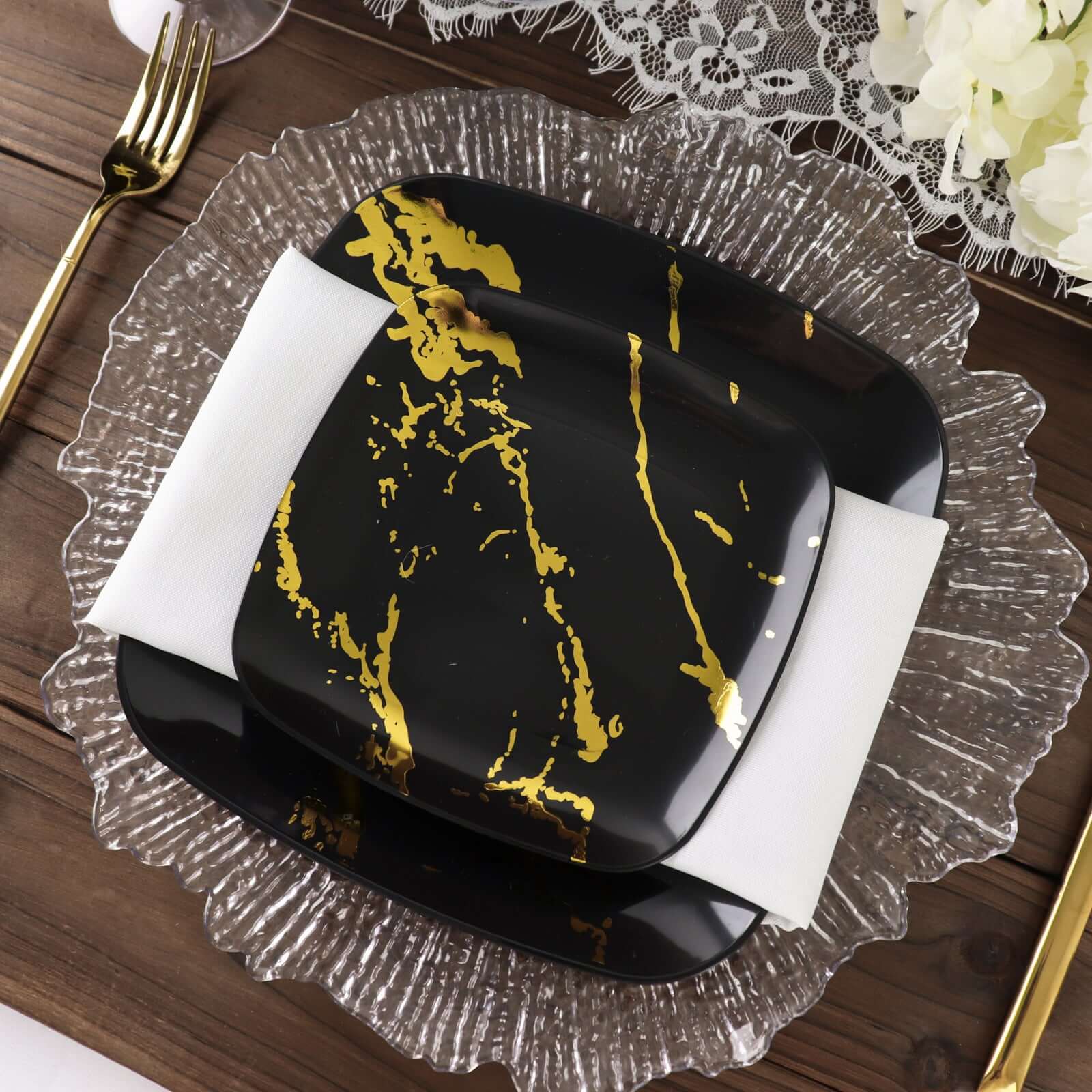 10-Pack Plastic 8" Square Dessert Plates in Black with Gold Marble Design - Disposable Appetizer Salad Party Plates