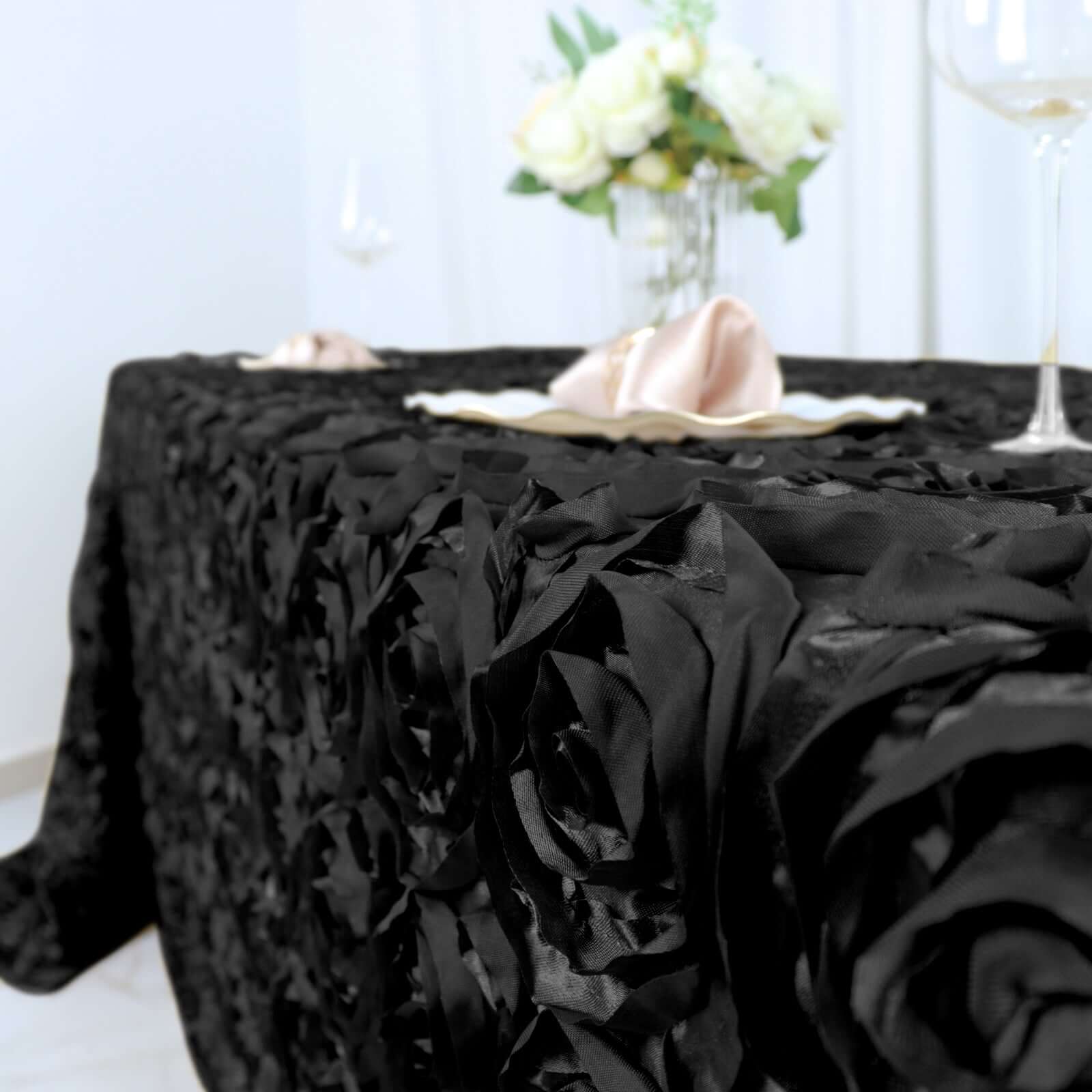 Satin 90"x132" Rectangle Tablecloth Black - Grandiose 3D Rosette Design with Seamless Finish for Graceful Gatherings