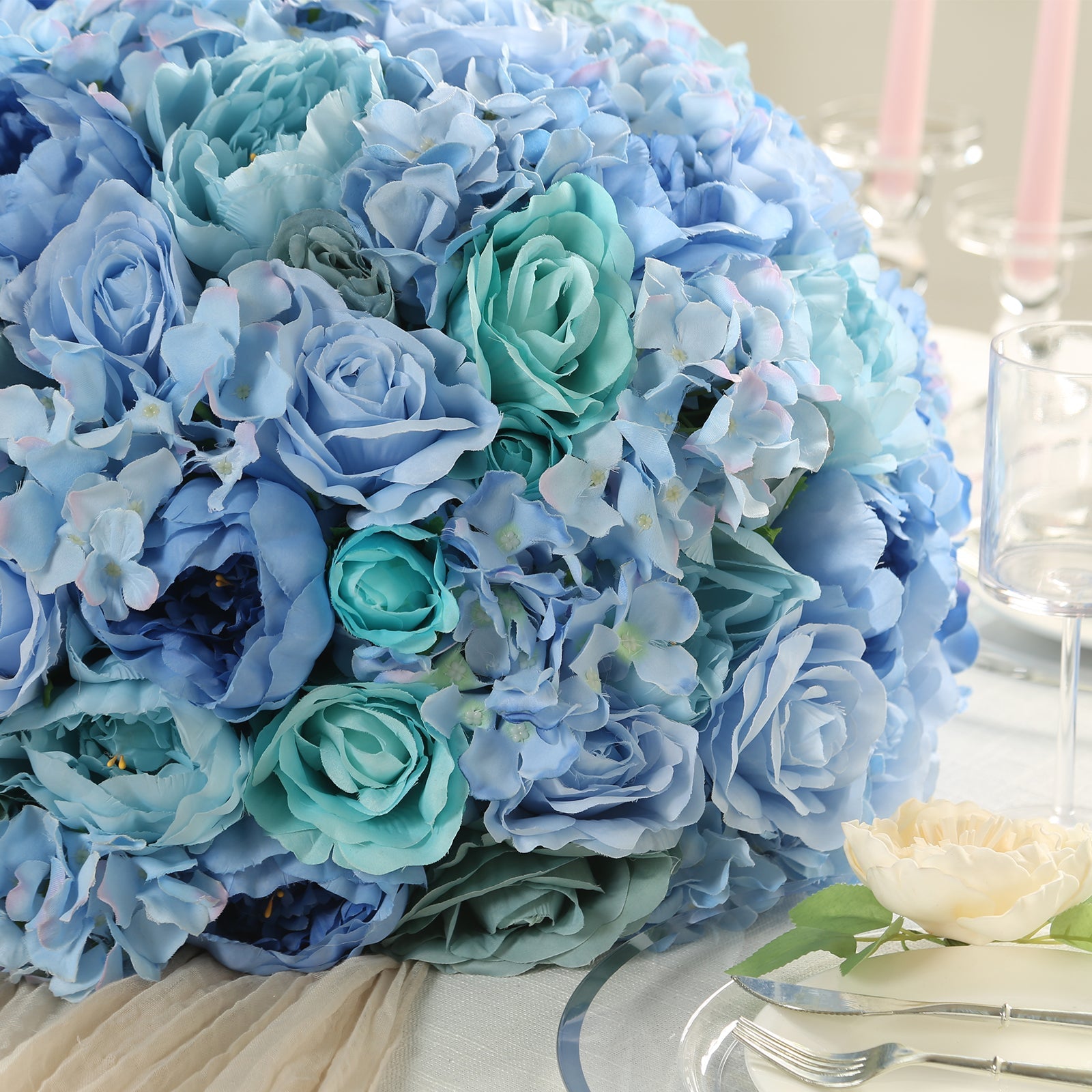 Pre-Arranged Silk Rose Bouquet Floral Arrangement Table Decor, Large Blue Artificial Rose Flower Balls Wedding Centerpieces - 20"