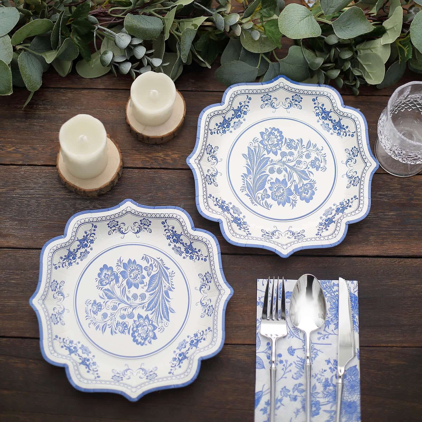 25-Pack Paper Dessert Plates in White with Light Blue Damask Floral Print & Scallop Rim - Stylish Disposable 300GSM Floral Salad Appetizer Plates 8"