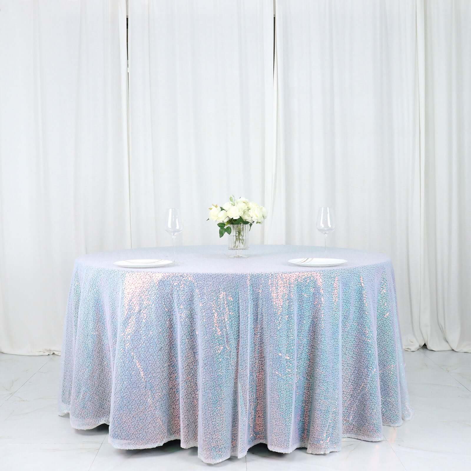 Sequin 132" Round Tablecloth Iridescent Blue - Seamless Dazzling Table Cover