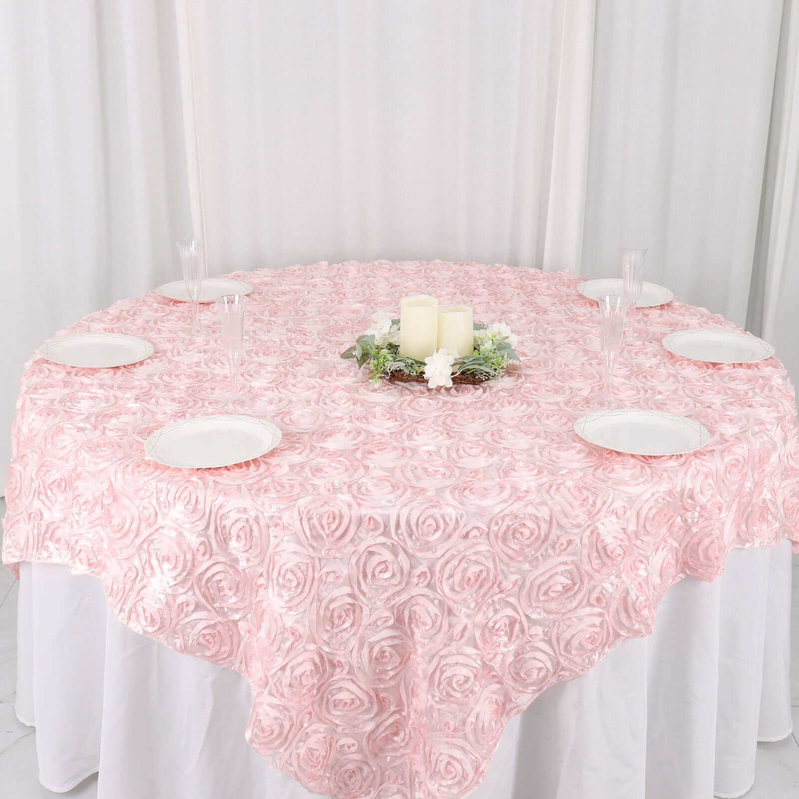 Satin 72"x72" Table Overlay Square Tablecloth Blush - 3D Rosette Table Cover