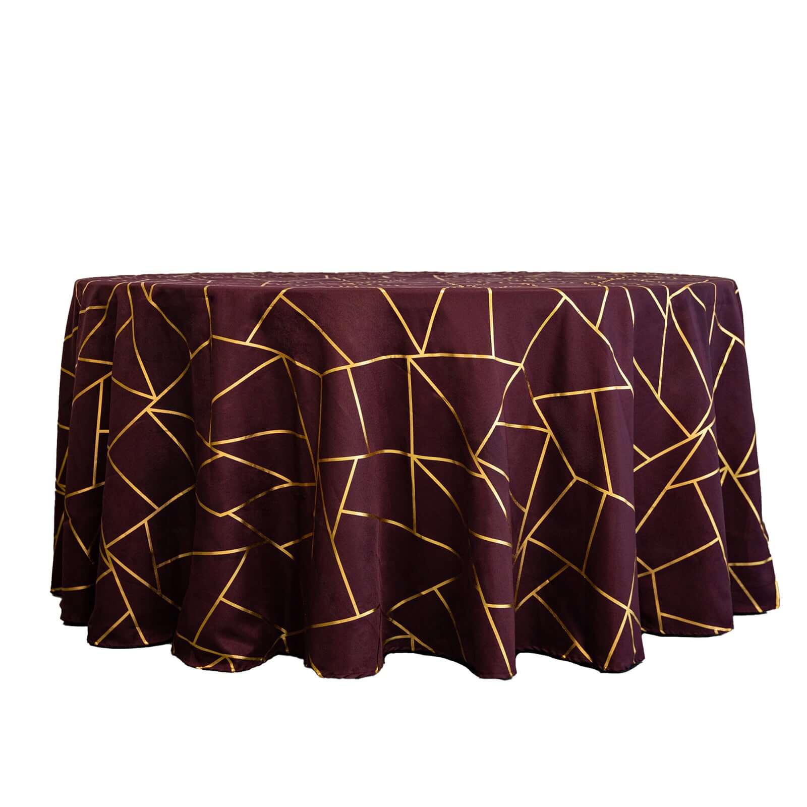 120" Burgundy Seamless Round Polyester Tablecloth With Gold Foil Geometric Pattern for 5 Foot Table With Floor-Length Drop