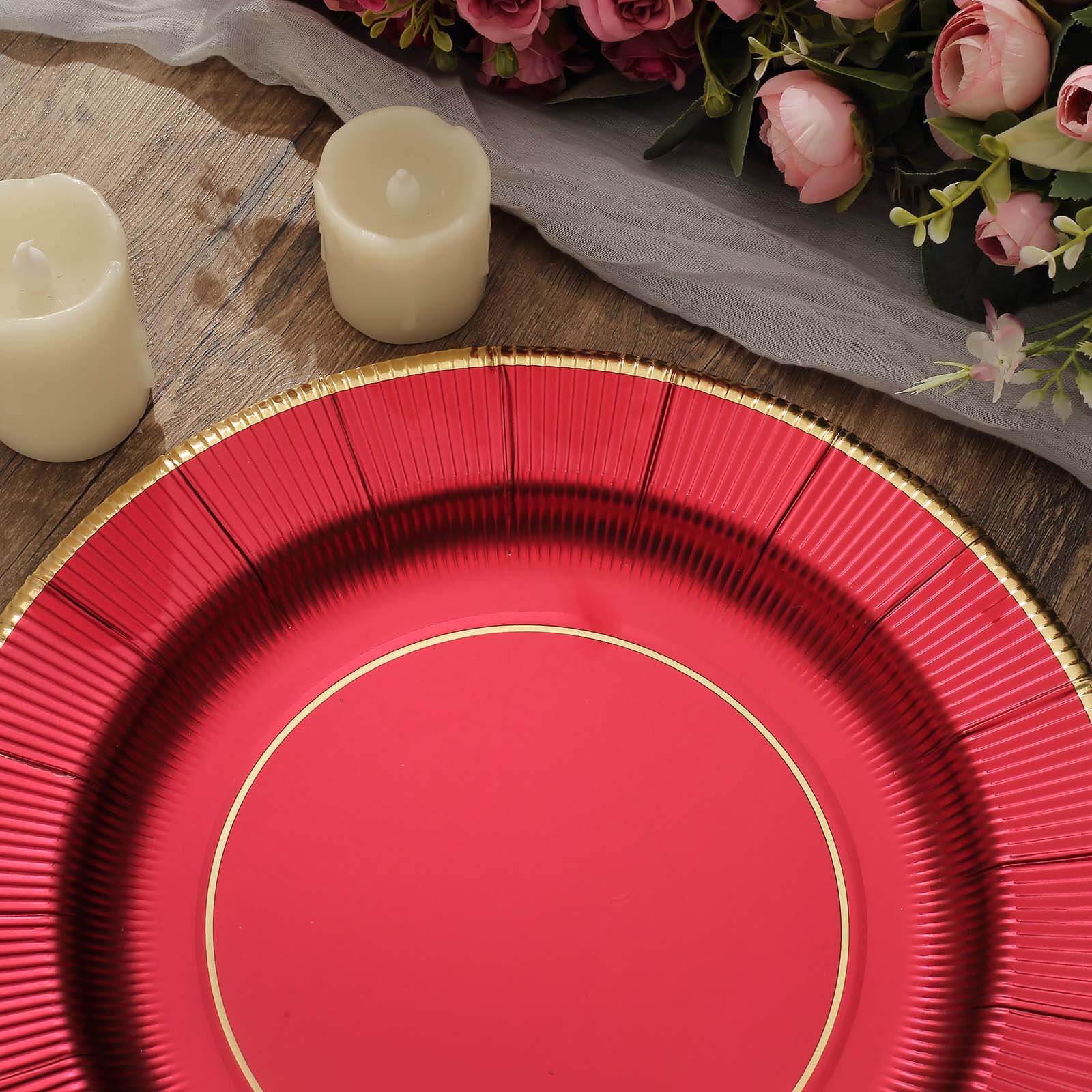 25-Pack Disposable Round Charger Plates in Burgundy Sunray Design with Gold Rim - 350GSM Heavy Duty Paper Chargers 13"