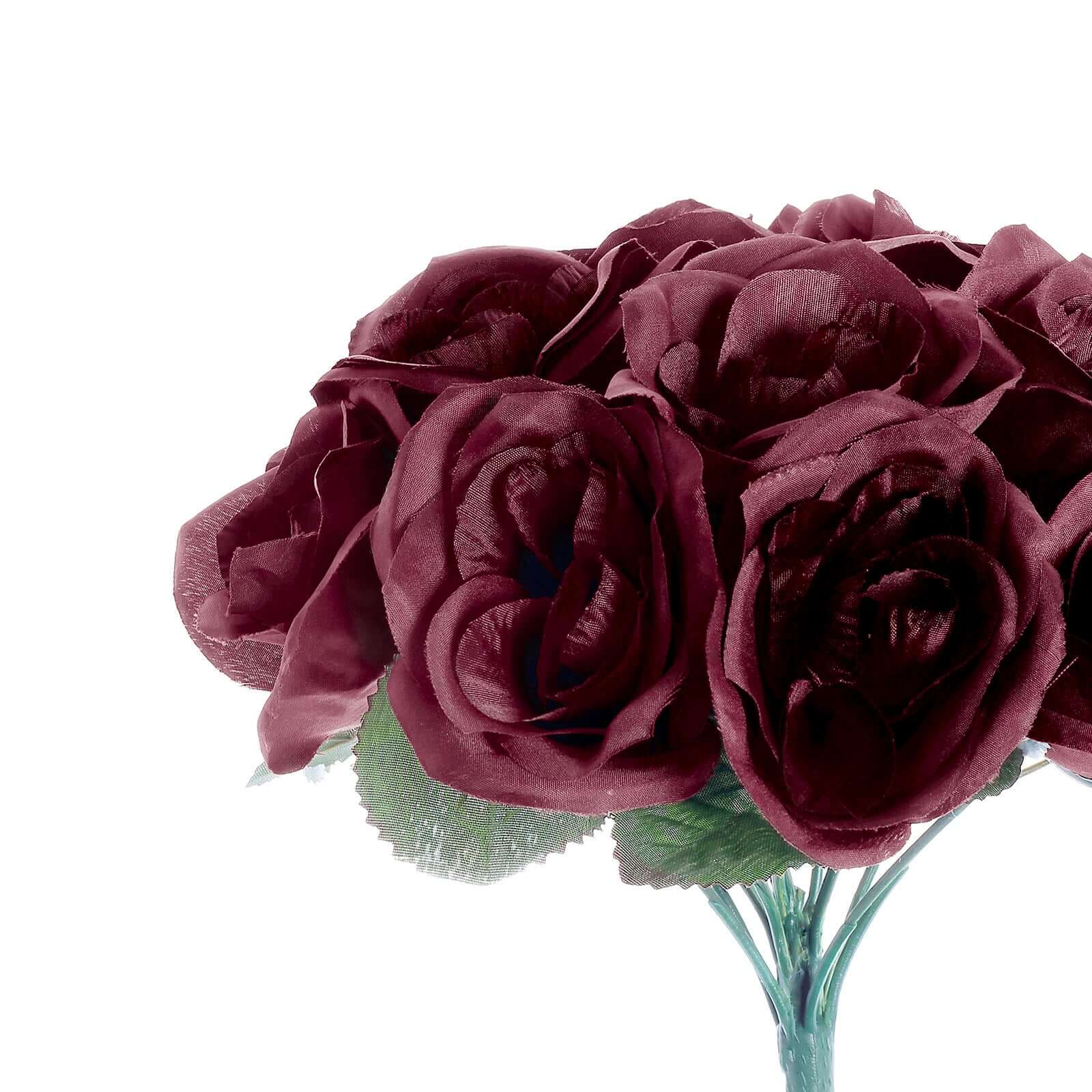 12" Burgundy Artificial Velvet-Like Fabric Rose Flower Bouquet Bush