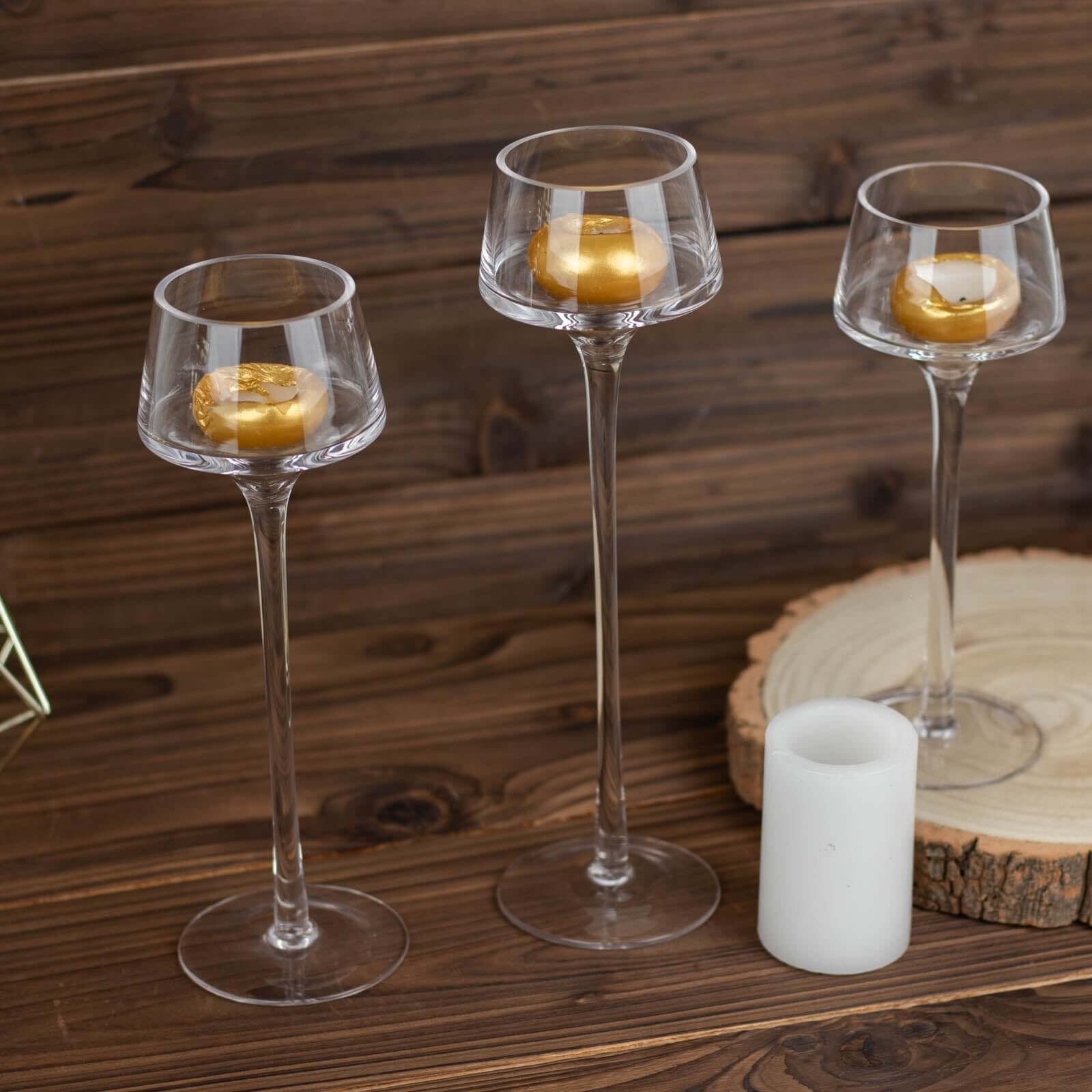 Set of 3 Glass Pedestal Vases Long Stem Clear - Tall Disc Candle Holders for Floral Centerpieces 8", 9", 10"