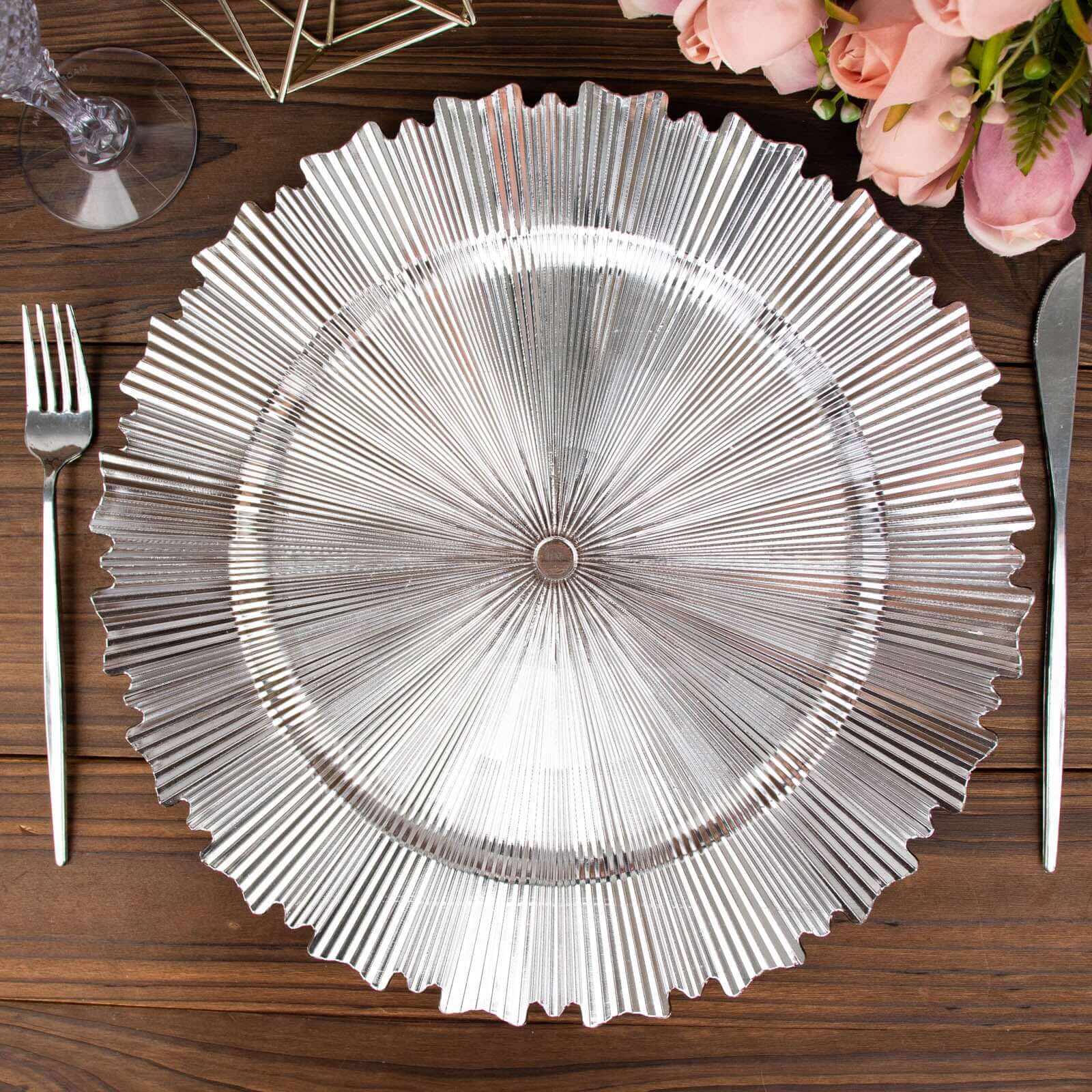 6-Pack Acrylic Plastic Round Charger Plates 13" in Metallic Silver with Sunray Scalloped Rim, Decorative Dinner Party Charger Tableware