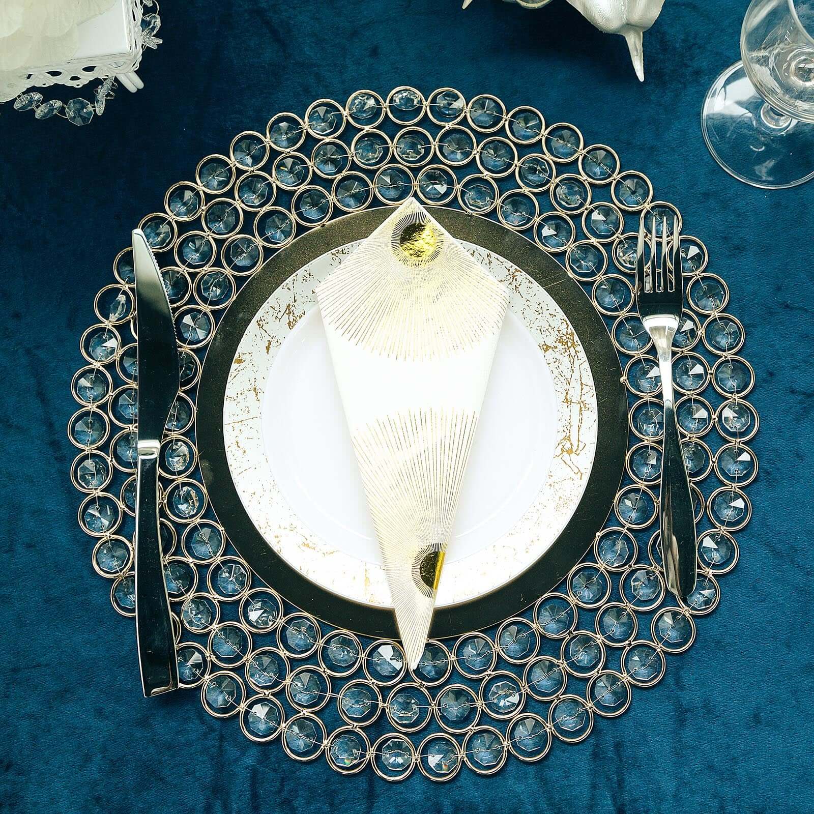 Wired Metal Round Charger Plate 14" in Gold with Acrylic Crystal Beads, Glamorous Decorative Dinner Charger Tableware
