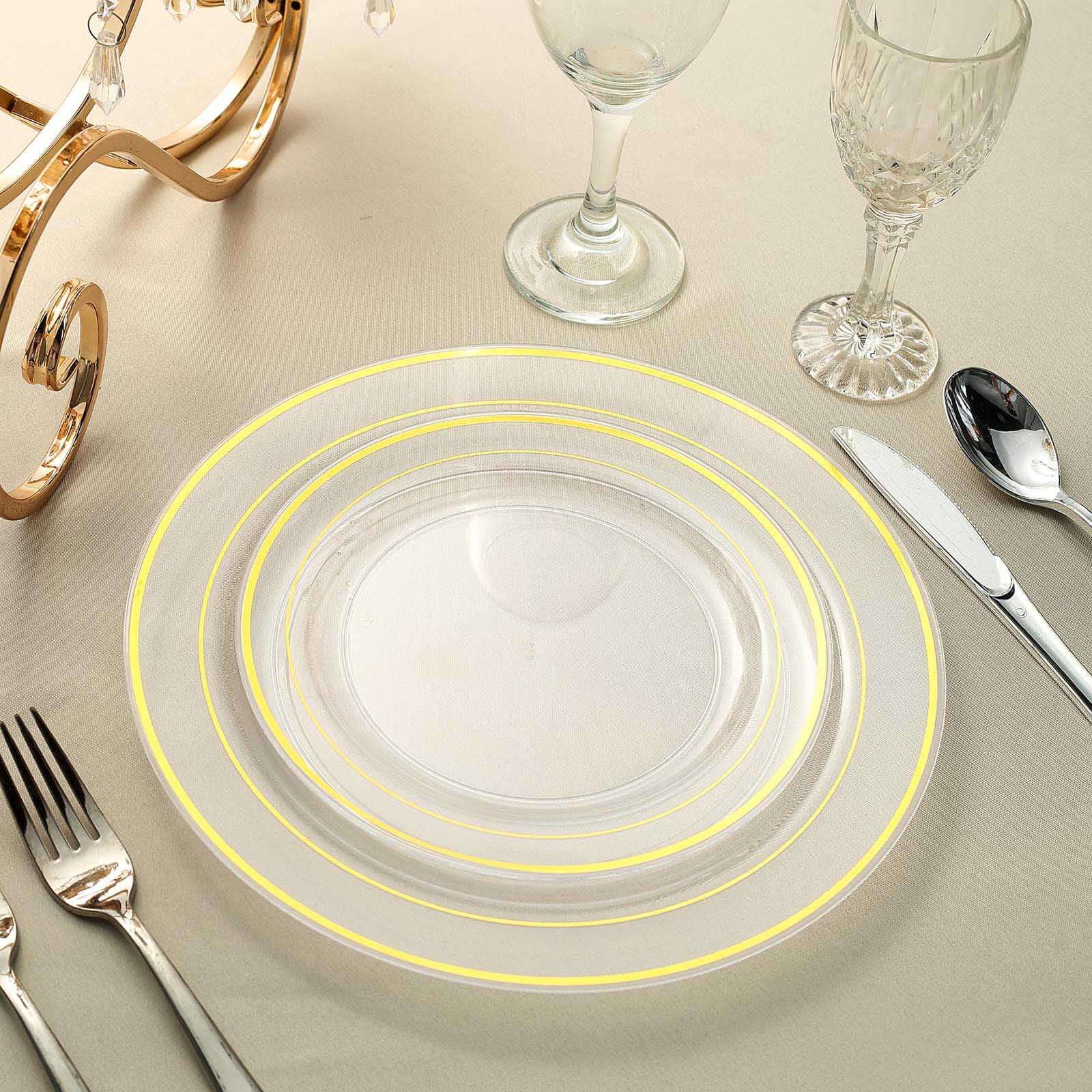 10-Pack Plastic Dessert Plates Clear with Très Chic Gold Rim - Disposable Plates for Parties 8"