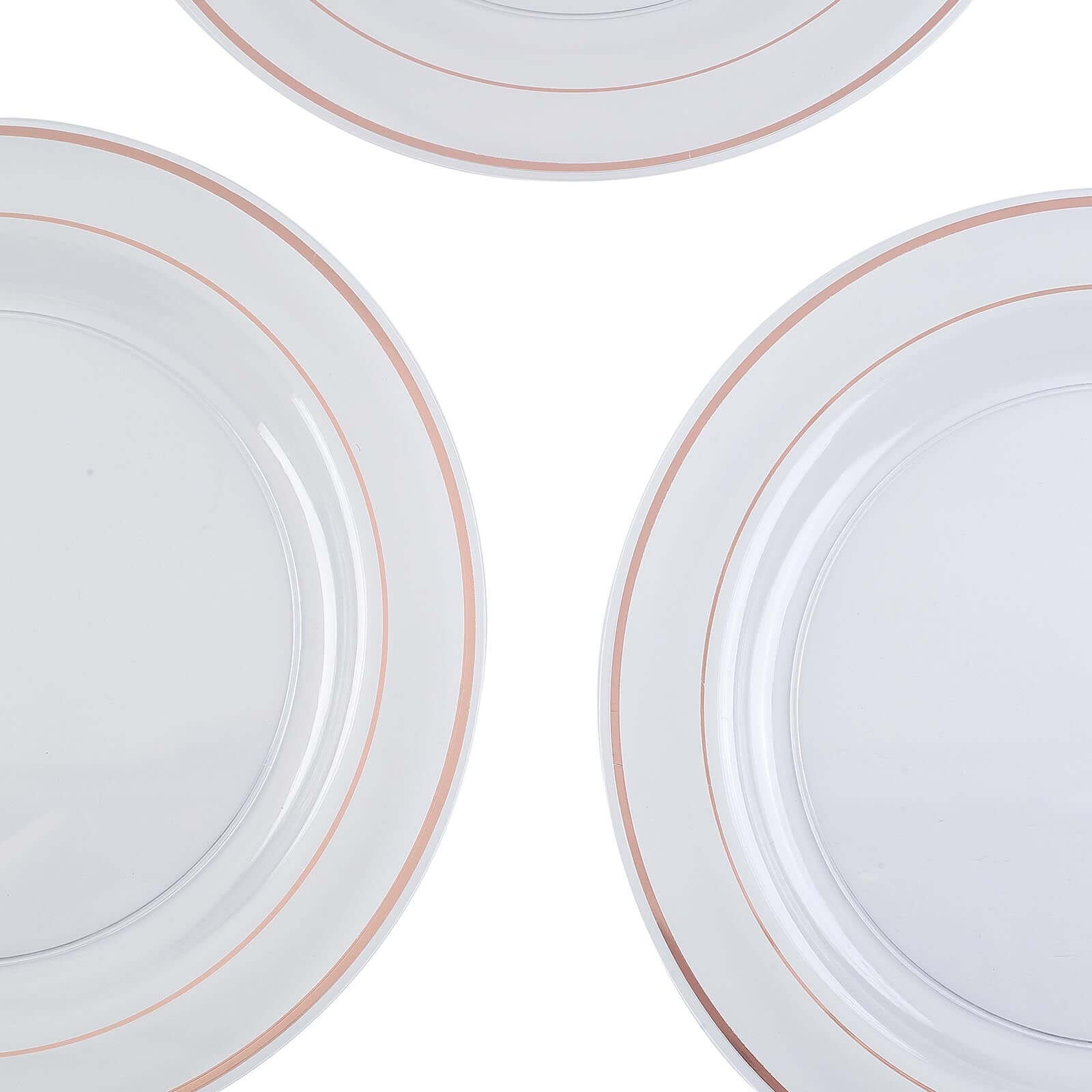10-Pack Plastic Dinner Plates Clear with Très Chic Rose Gold Rim - Perfect Disposable Party Plates 10"