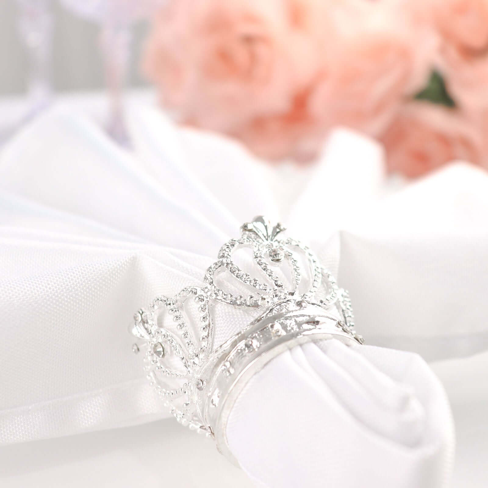 4 Pack Silver Metal Crown Rhinestone Napkin Rings, Royal Bling Napkin Holders