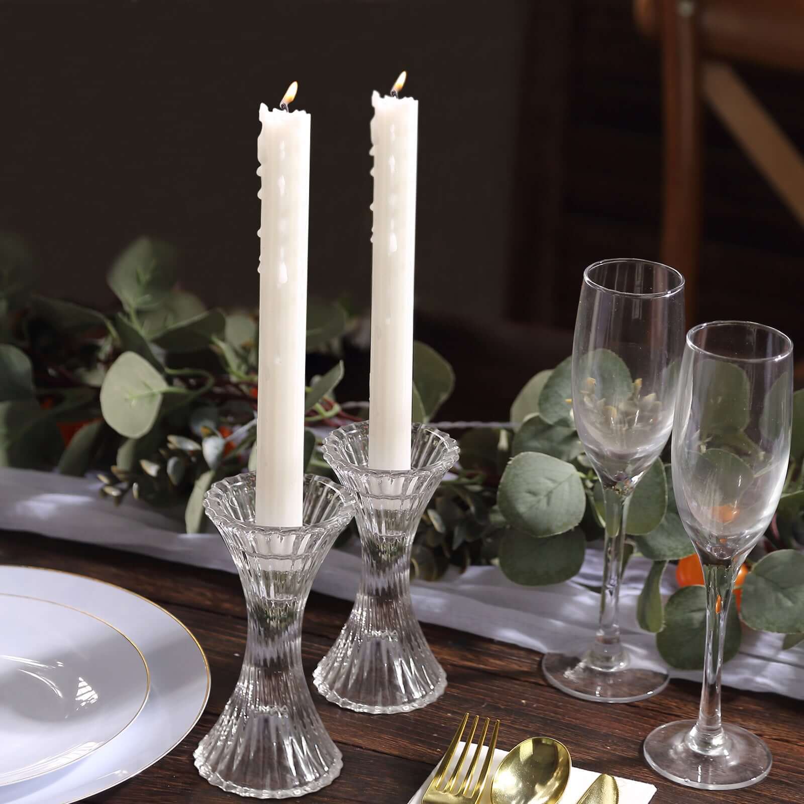 2-Pack Crystal Pillar Candlestick Stands Hour Glass Design with Diagonal Stripes Clear - Reversible Taper Holders 5"