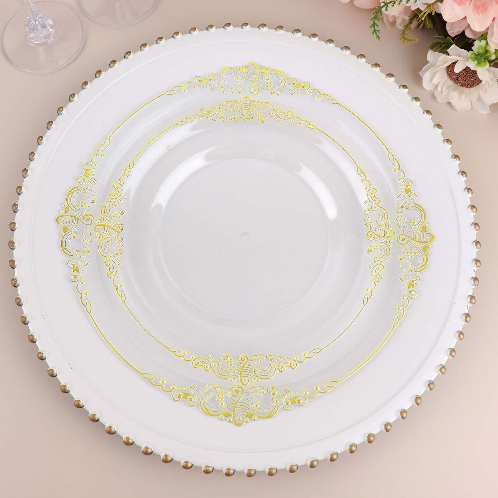 10-Pack Plastic 8" Round Dessert Plates in Clear with Gold Leaf Embossed Rim - Disposable Vintage Baroque Style Salad Plates