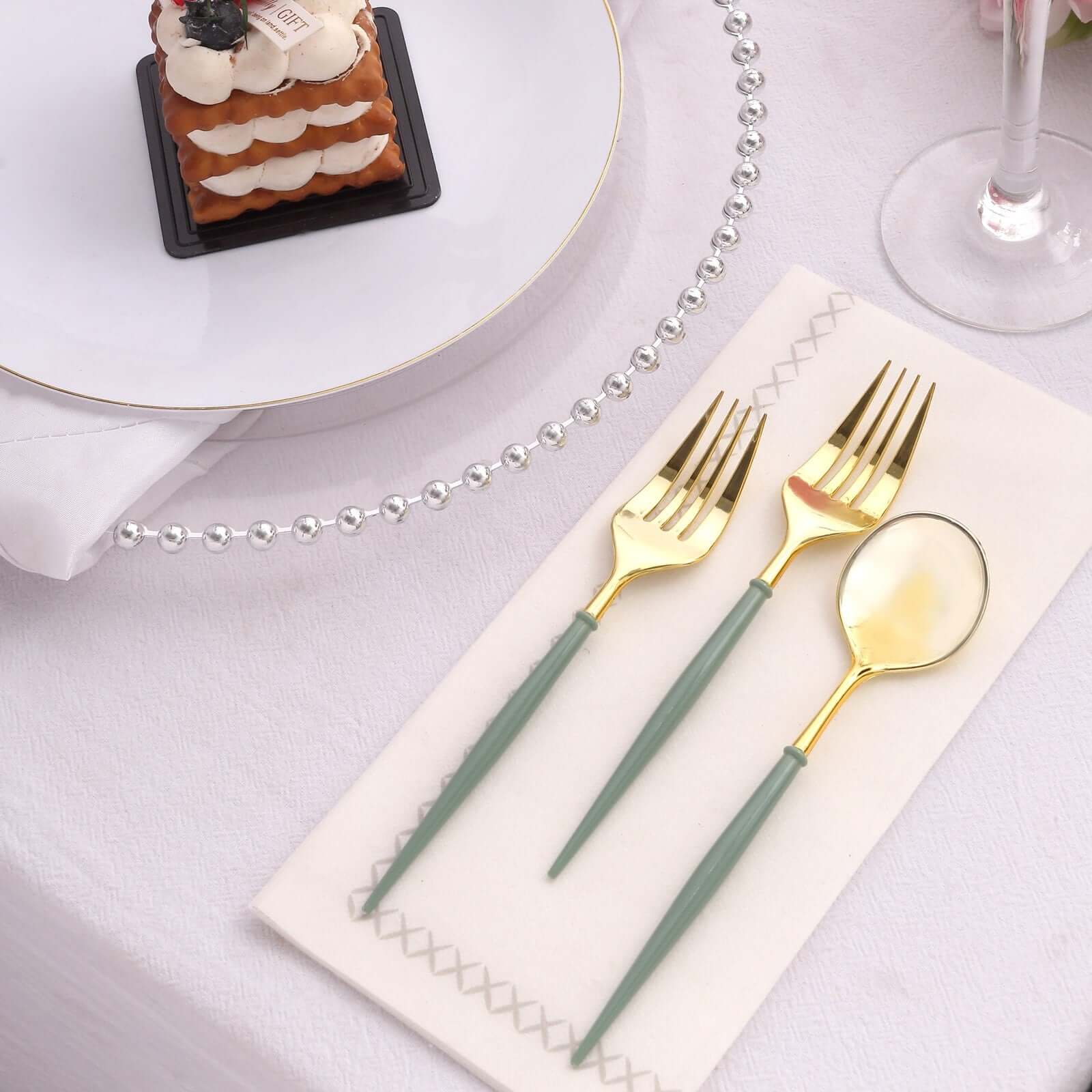 24-Pack Plastic Fork and Spoon Set Metallic Gold/Dusty Sage Green - Heavy Duty Disposable Modern Utensils 6"