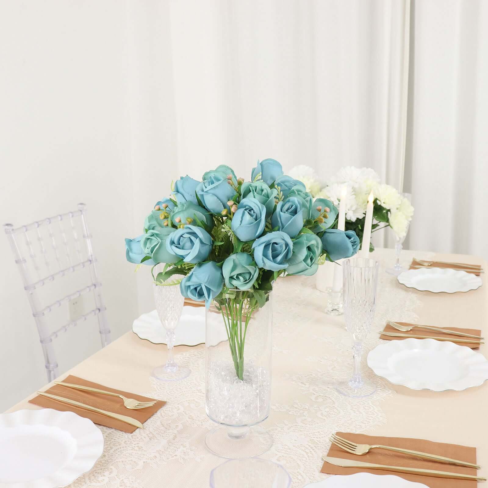 3 Pack 13" Dusty Blue Real Touch Silk Rose Bud Flower Bridal Bouquets, Artificial Floral Bush Arrangements