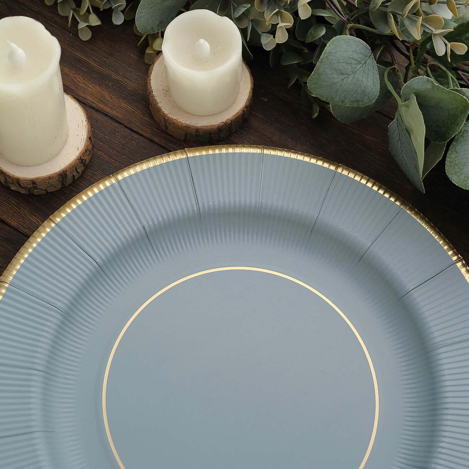 25-Pack Disposable Round Charger Plates in Dusty Blue Sunray Design with Gold Rim - 350GSM Heavy Duty Paper Chargers 13"