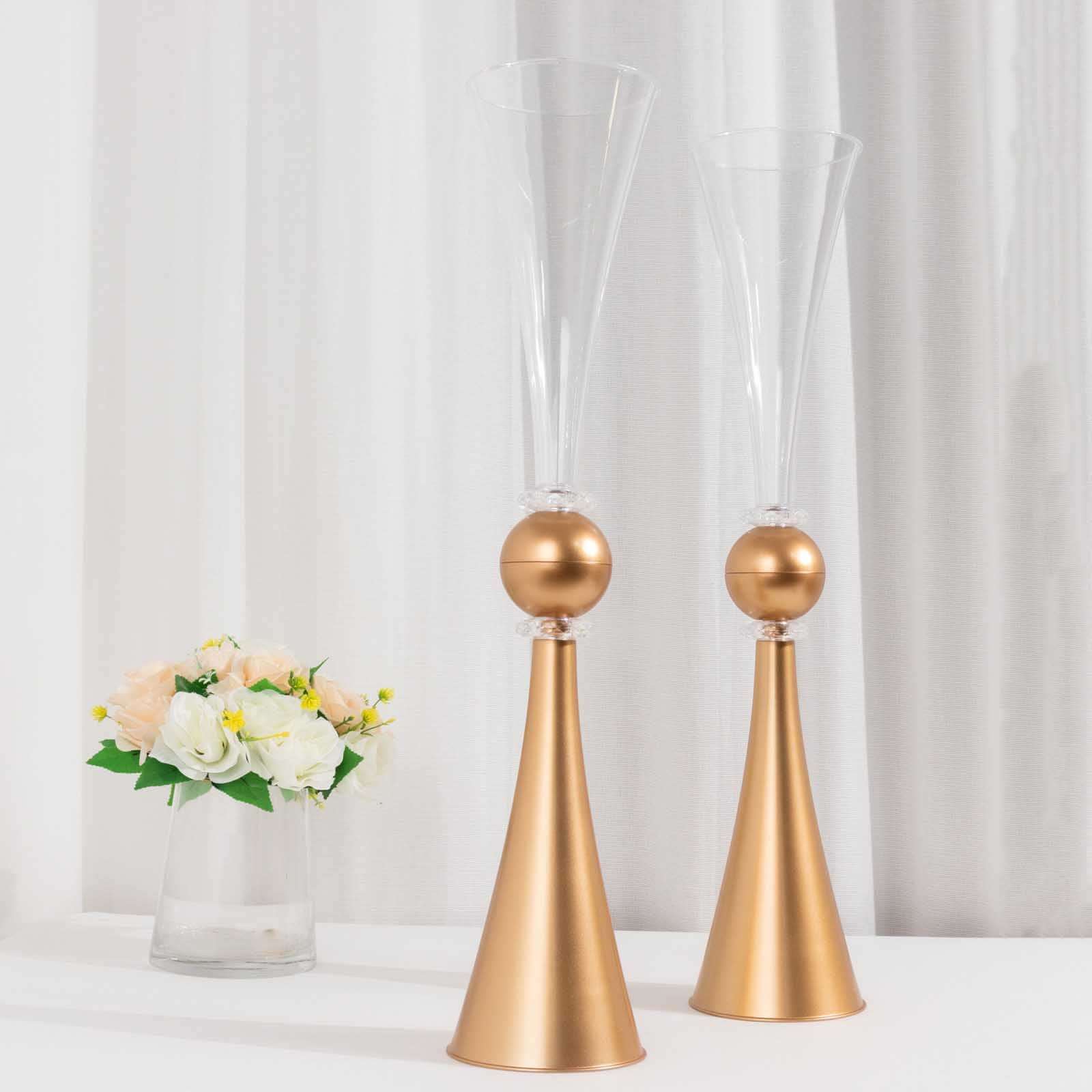2-Pack Flower Vases Trumpet Design with Crystal Embellishments Clear and Gold - Reversible Plastic Centerpieces for Events 27"