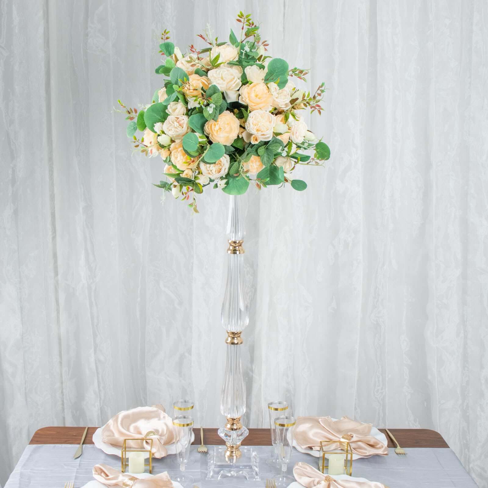 Acrylic Crystal Pillar Candle Stand Gold/Clear - Table Centerpiece and Wedding Flower Bowl Pedestal 32"