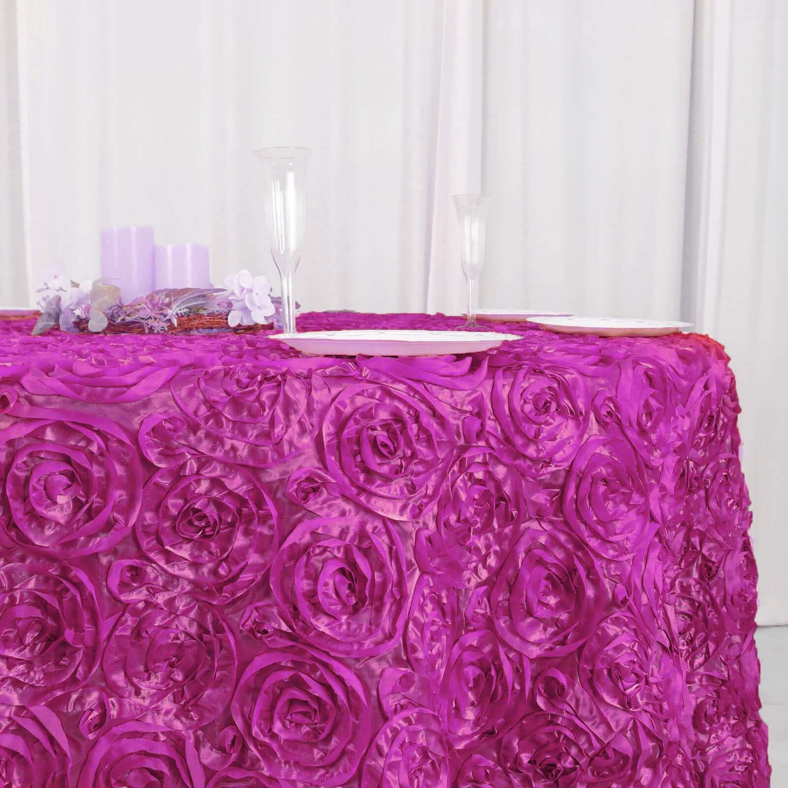 Satin 120" Round Tablecloth Fuchsia - Grandiose 3D Rosette with Seamless Finish Table Cover