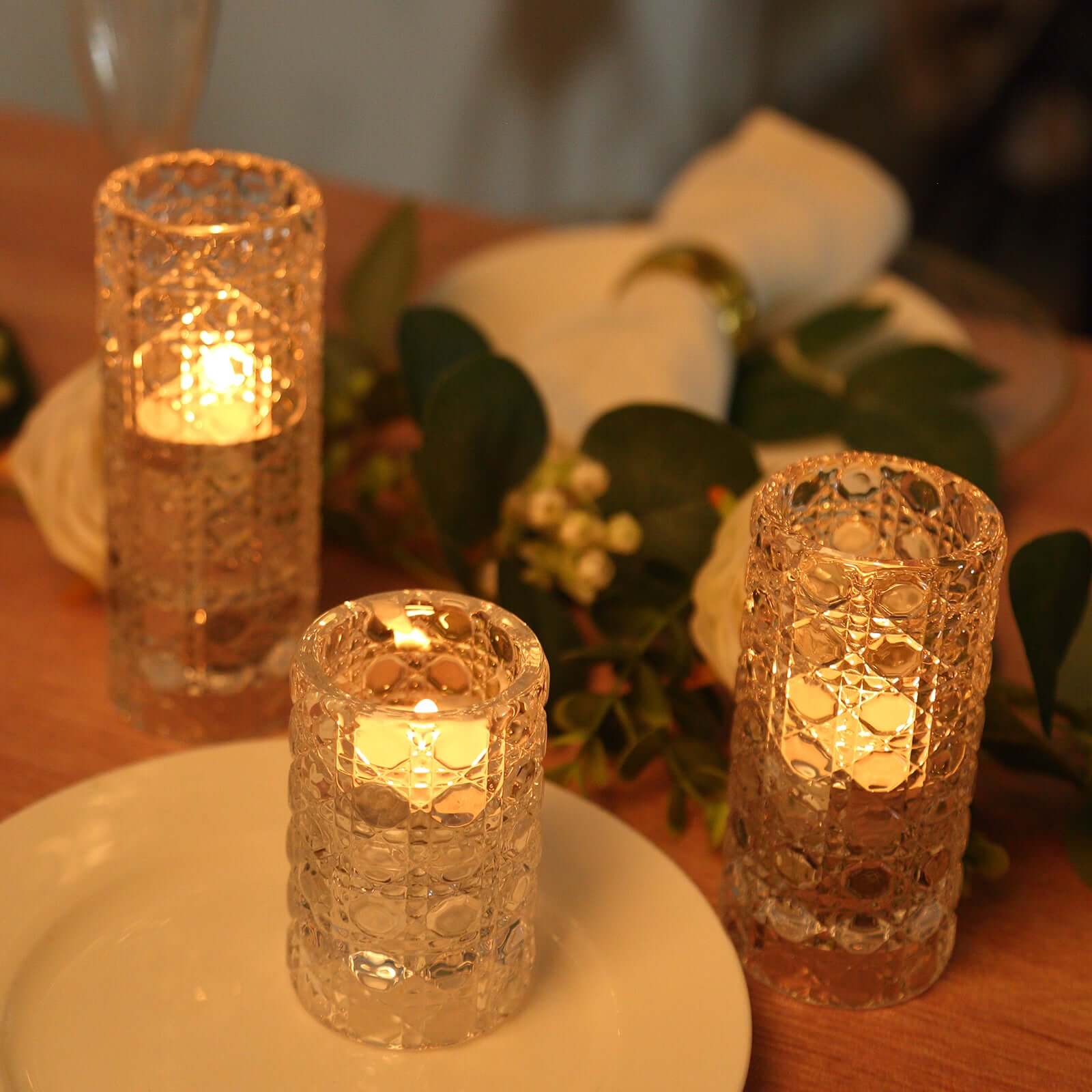 Set of 3 Glass Taper Candle Holders Clear with Gemstone Pattern - Dual Sided Crystal Cylinder Tealight Stands 3", 4", 5.5"
