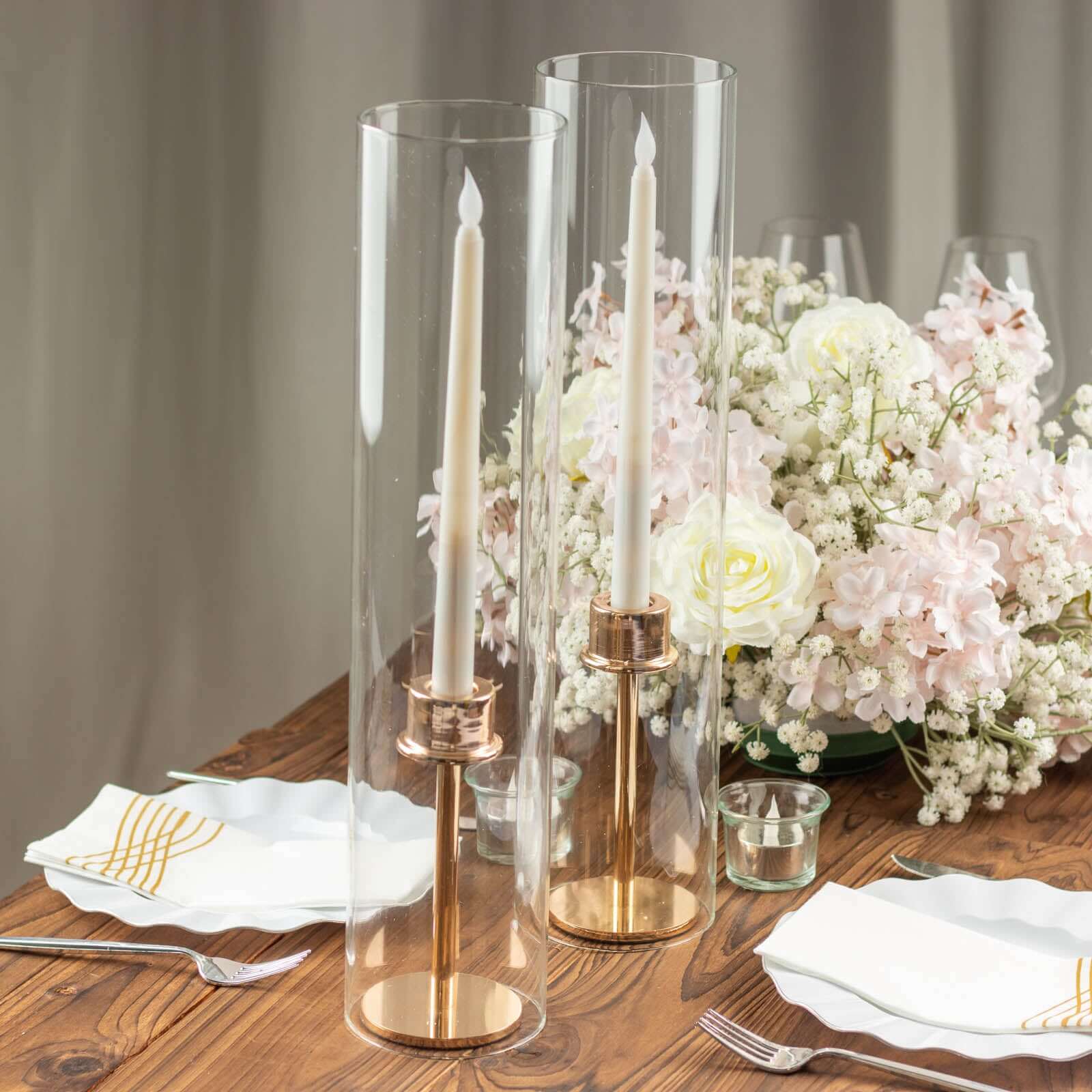 2-Pack Clear Glass Candelabra Shades Open End Hurricane Design - Stylish Table Centerpiece 18"