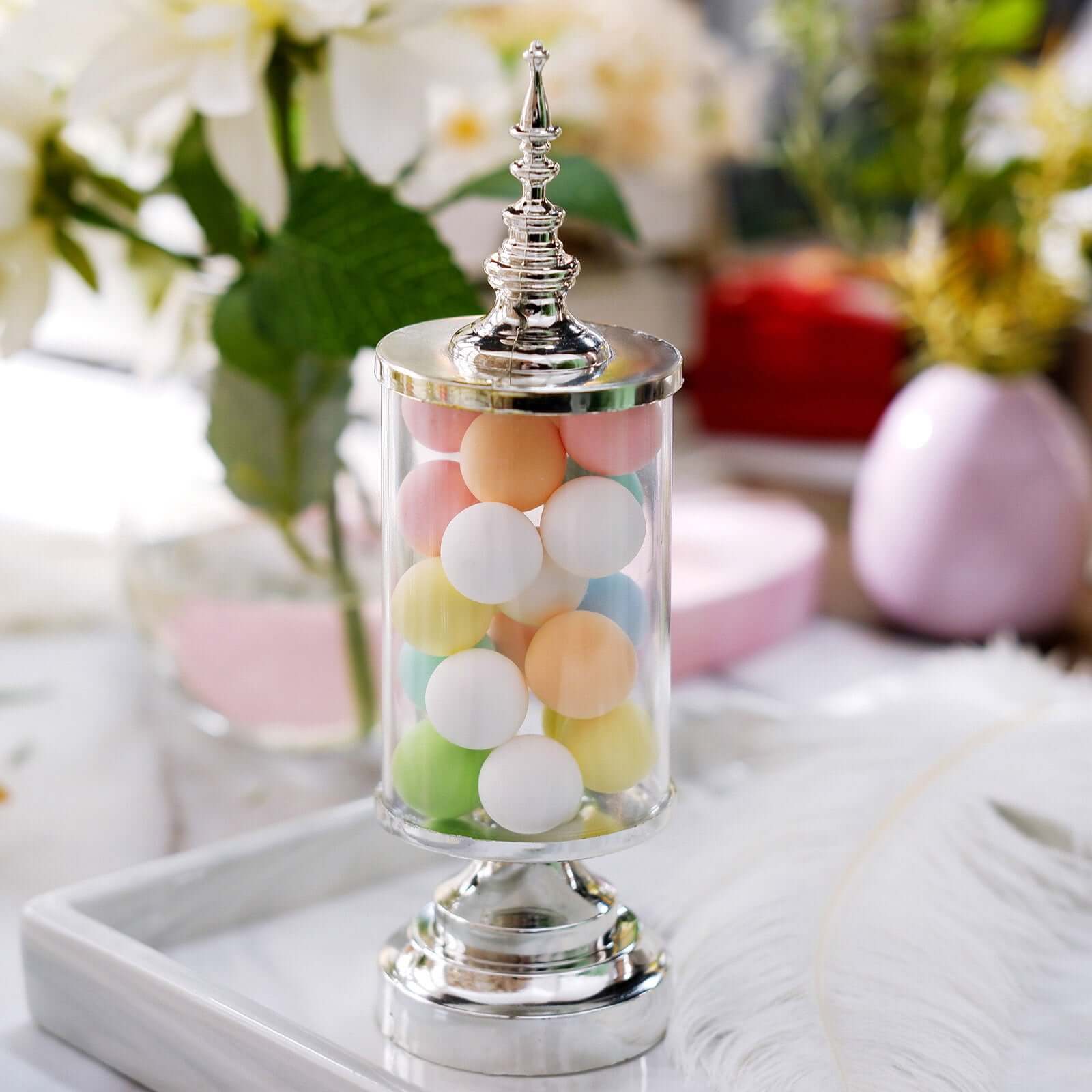 6-Pack Pillar Candy Jar Candy Container Clear/Silver - Decorative Apothecary Jars for Party Favors 7"