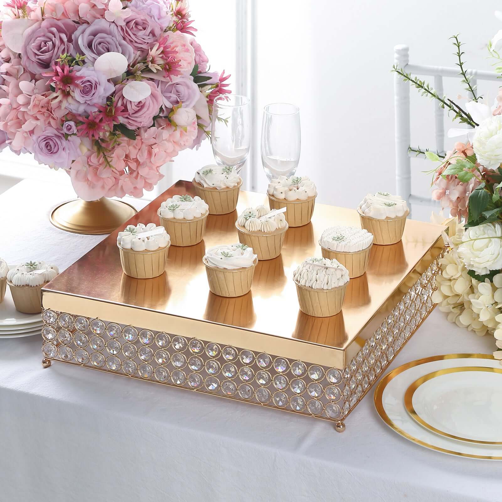 Metal Cake Stand Square Design with Crystal Beads Gold - Dessert Pedestal for Events 16"
