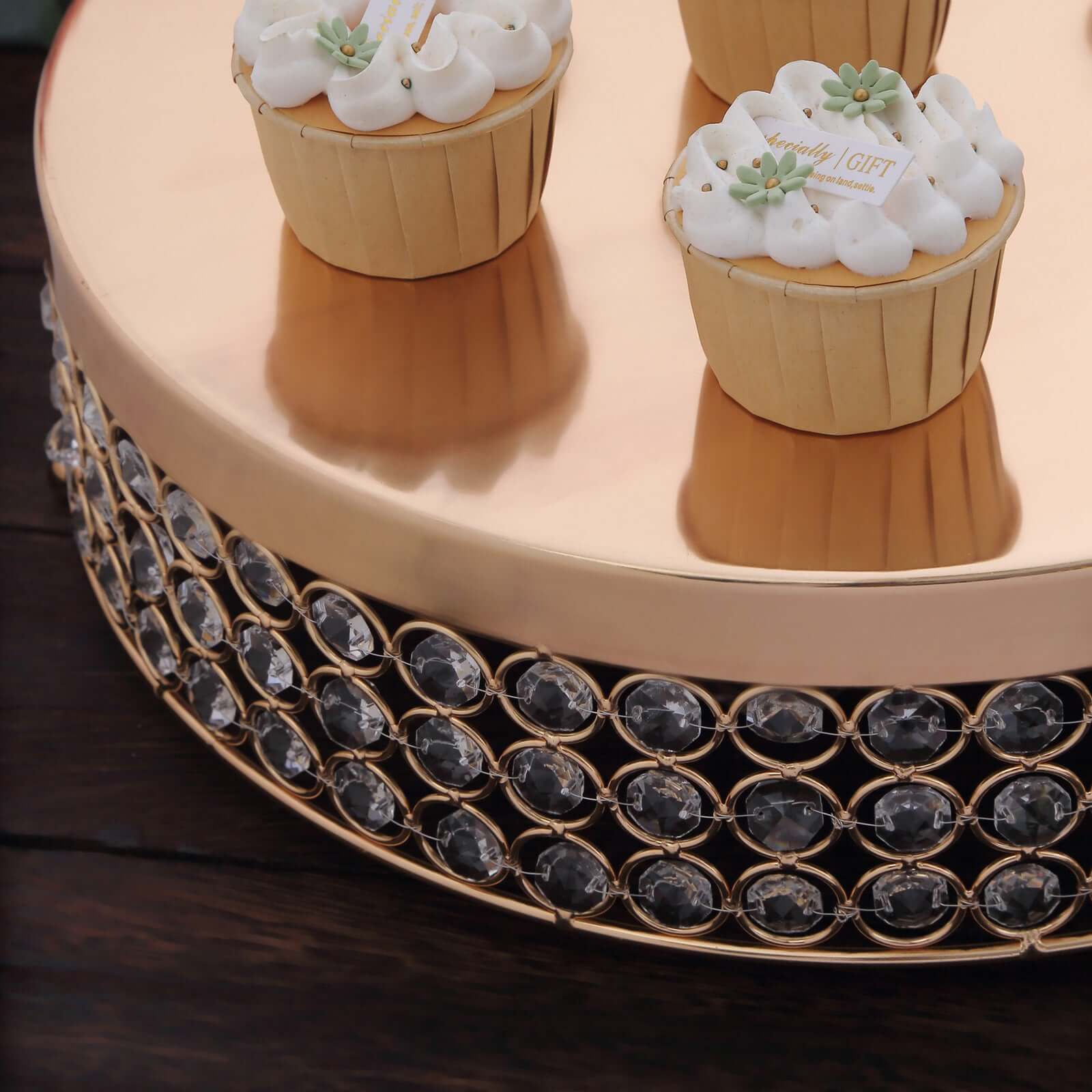 Metal Cake Stand Pedestal Crystal Beaded Design Gold - Cupcake Display and Dessert Riser 13"