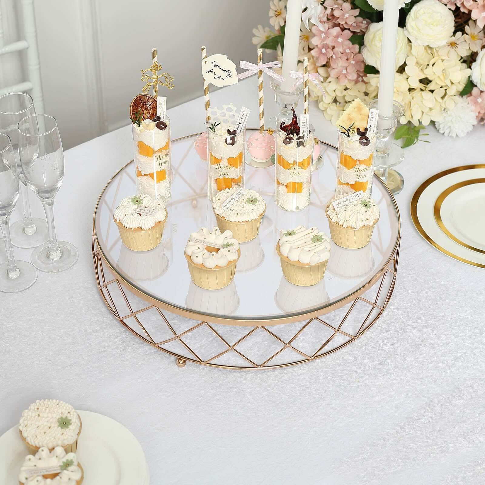 Metal Cake Stand Geometric Diamond Cut Design Gold with Glass Top - Dessert Display Riser 16"
