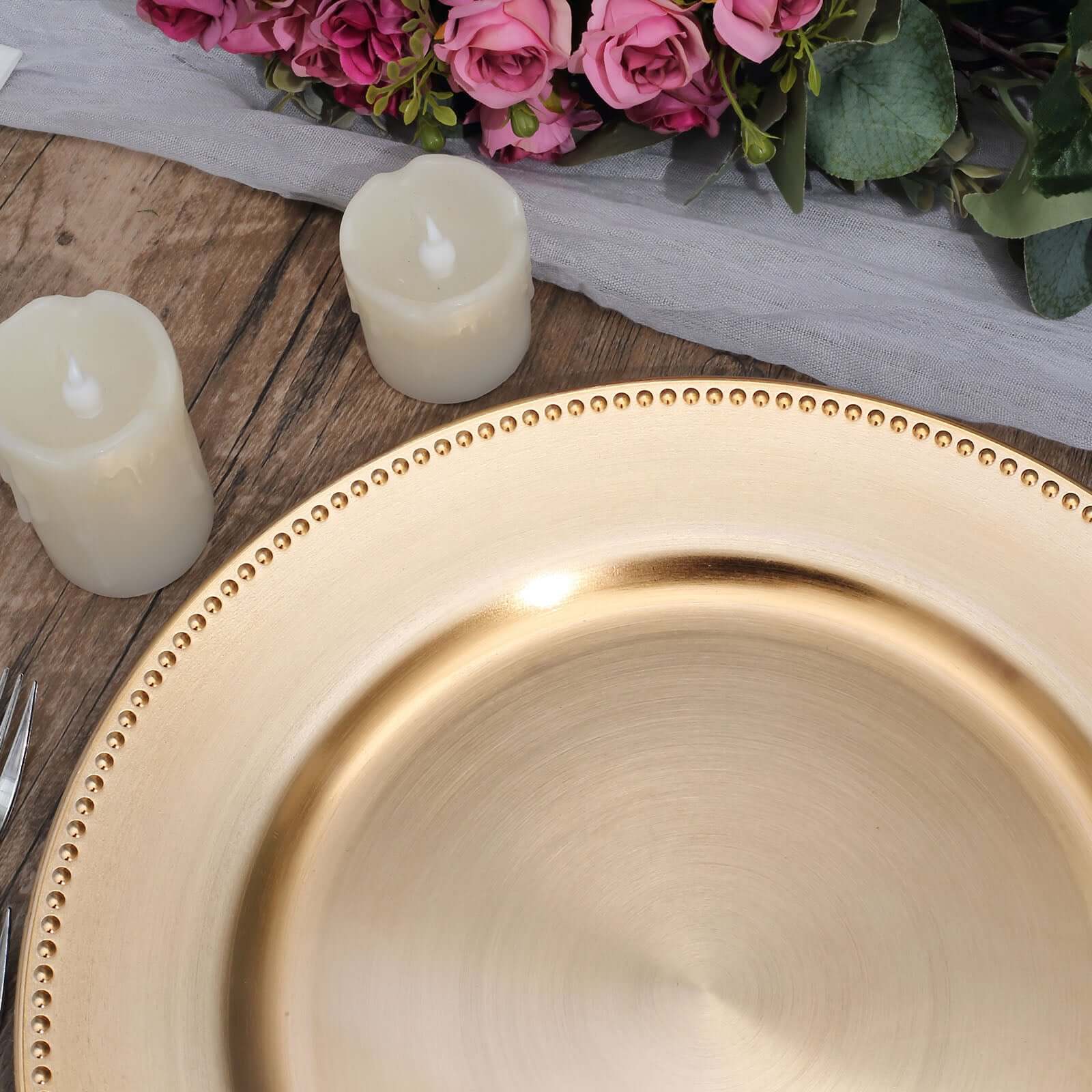 6-Pack Acrylic Round Charger Plates 13" in Gold with Beaded Rim, Dinner Charger Event Tabletop Decor