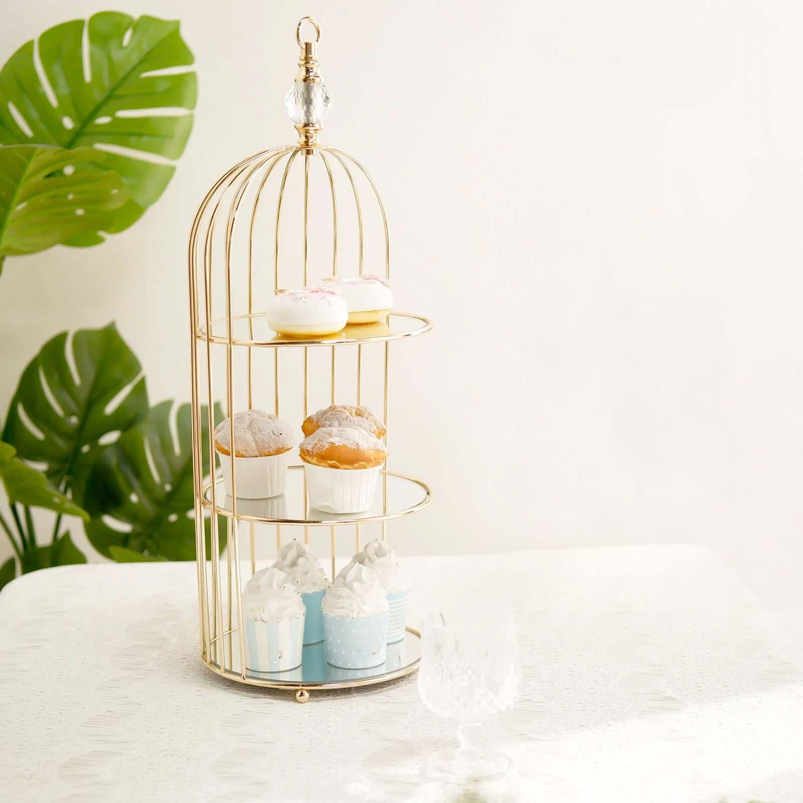 3-Tier Cupcake Cake Stand Bird Cage Design with Crystal Top Mirror Base - Serving Tray with Hanging Option 22"