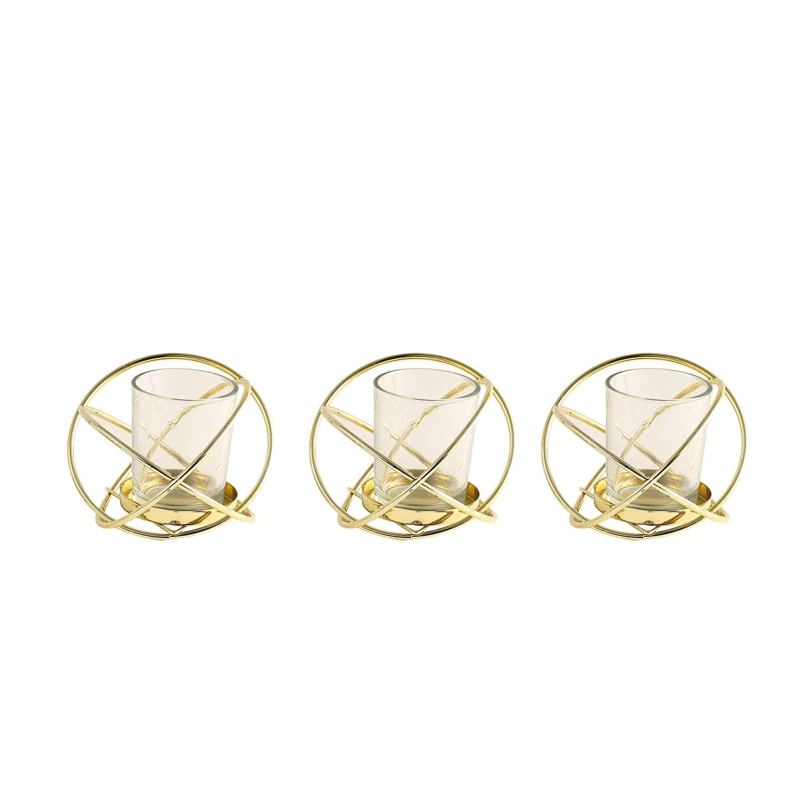 3-Pack Geometric Candle Holders Gold Metal Design with Bud Vase Votive Glass - Chic Wedding & Event Decor 3"