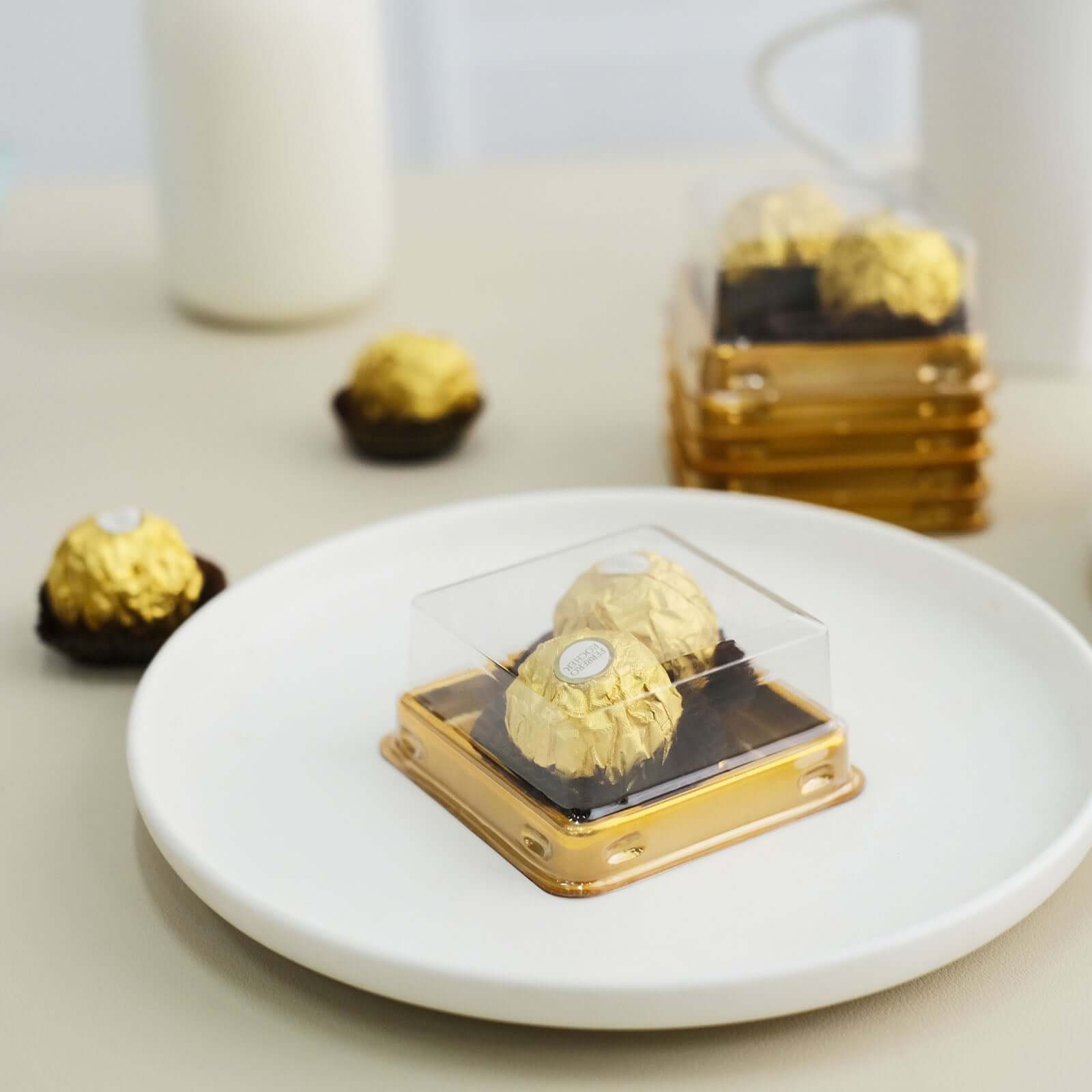 50-Pack Favor Containers Square Design Gold and Clear - Plastic Party Boxes for Cupcakes and Desserts 3"