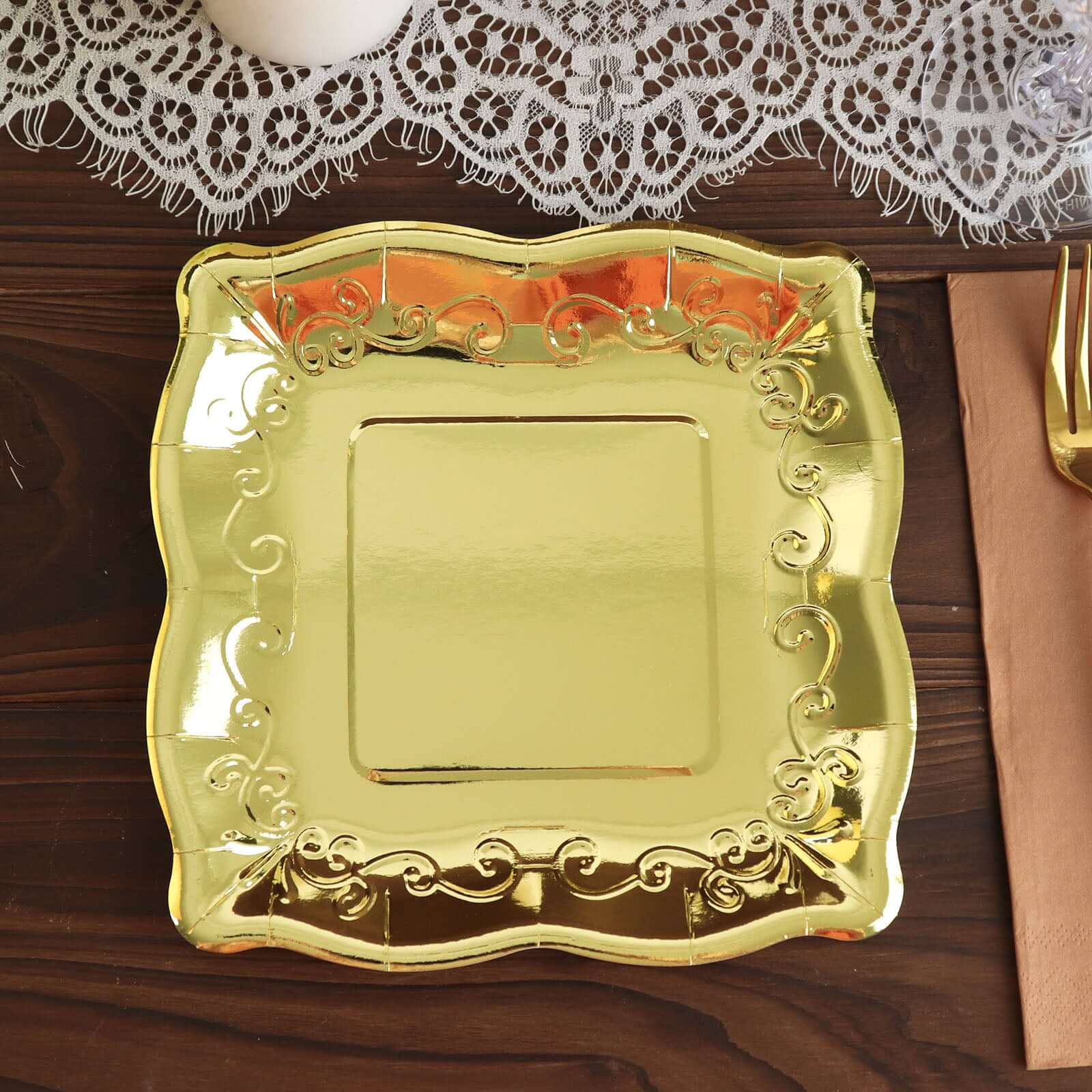 25-Pack Paper 7" Square Dessert Plates in Gold with Vintage Pottery Embossed Design - Shiny Metallic Disposable Appetizer Plates for Luxe Gatherings & Celebrations